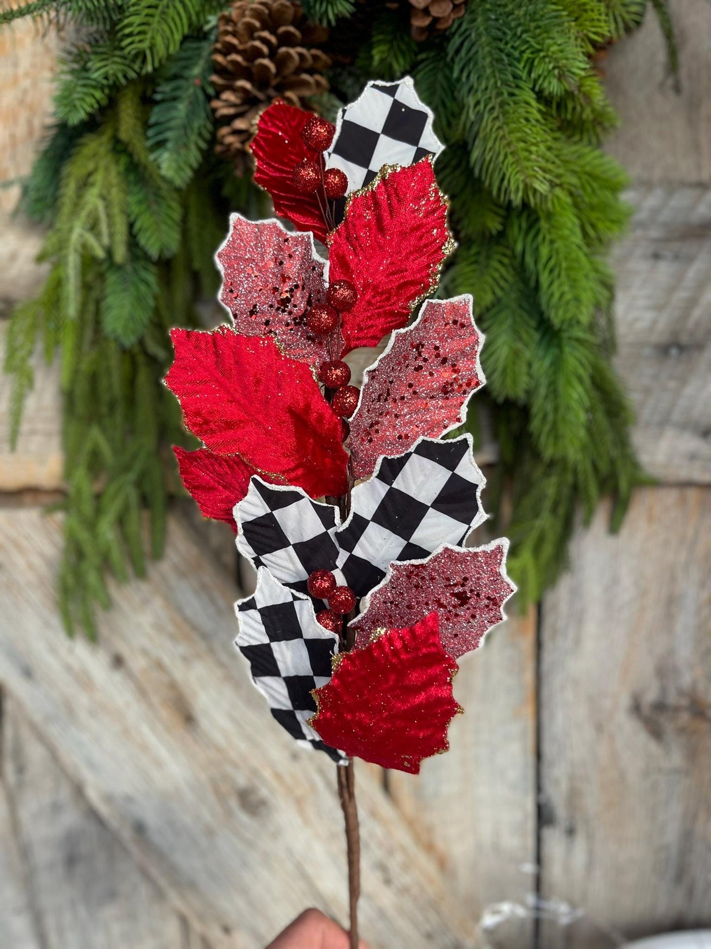 27" Holly Leaf Spray, Black White Check Holly Leaf Spray, Red Holly Leaf Spray