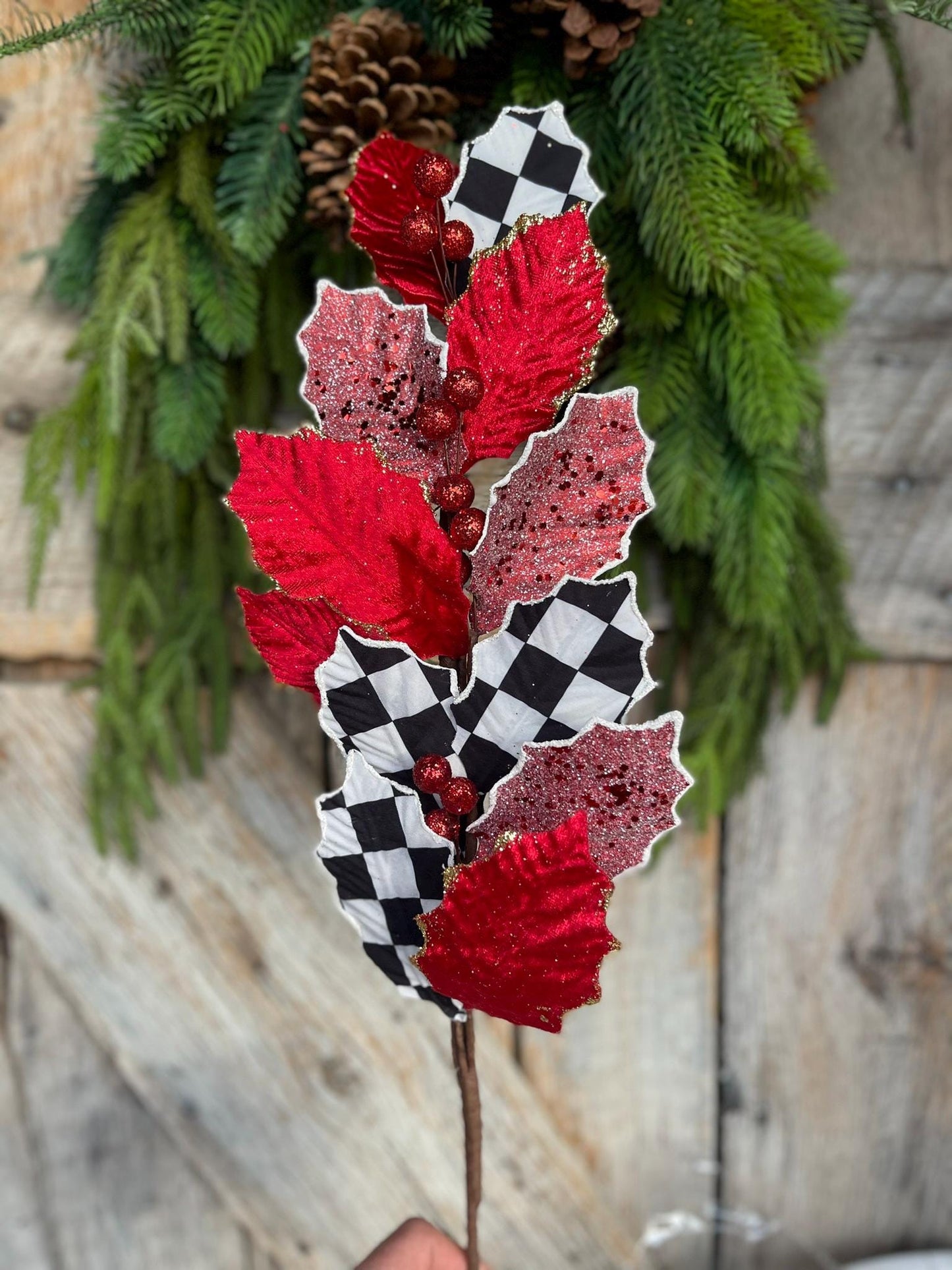 27" Holly Leaf Spray, Black White Check Holly Leaf Spray, Red Holly Leaf Spray
