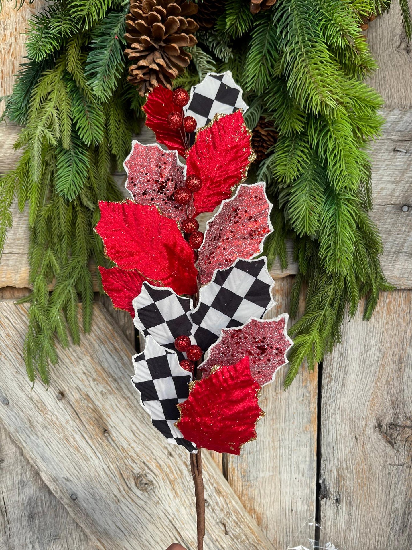 27" Holly Leaf Spray, Black White Check Holly Leaf Spray, Red Holly Leaf Spray