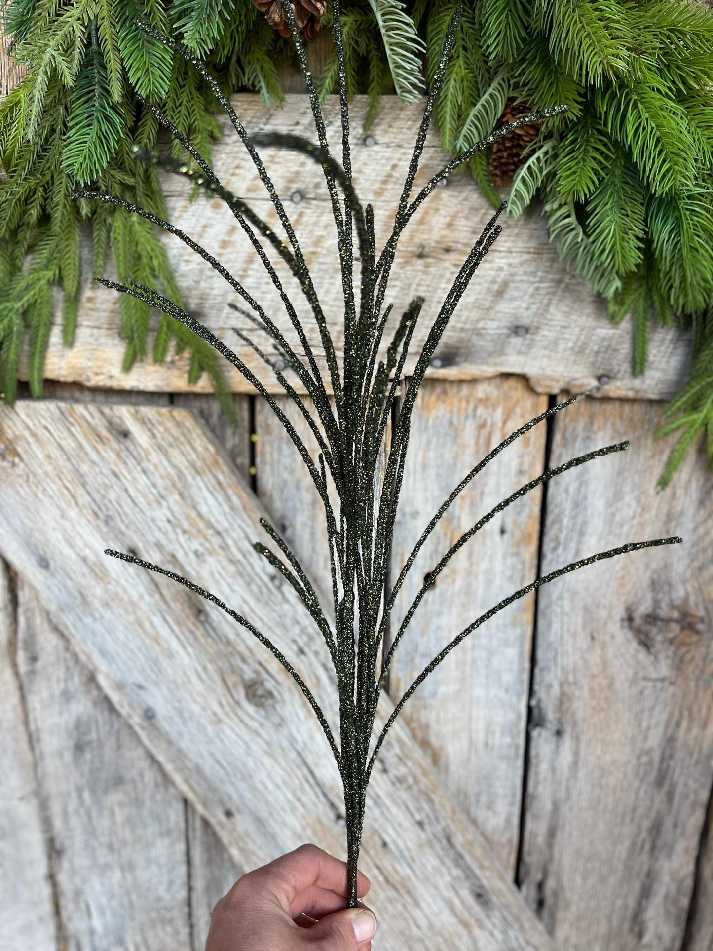 29" Moss Green Glitter Grass Spray, Christmas Spray, Christmas Tree Topper Spray