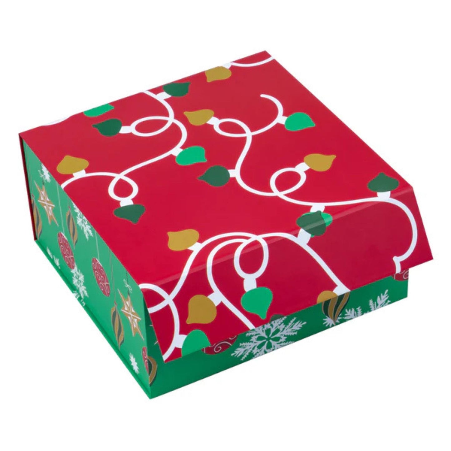 8" x 8" x 4" Collapsible Holiday Gift Box with Magnetic Square Flap Lid - Red/Green Christmas Ornaments