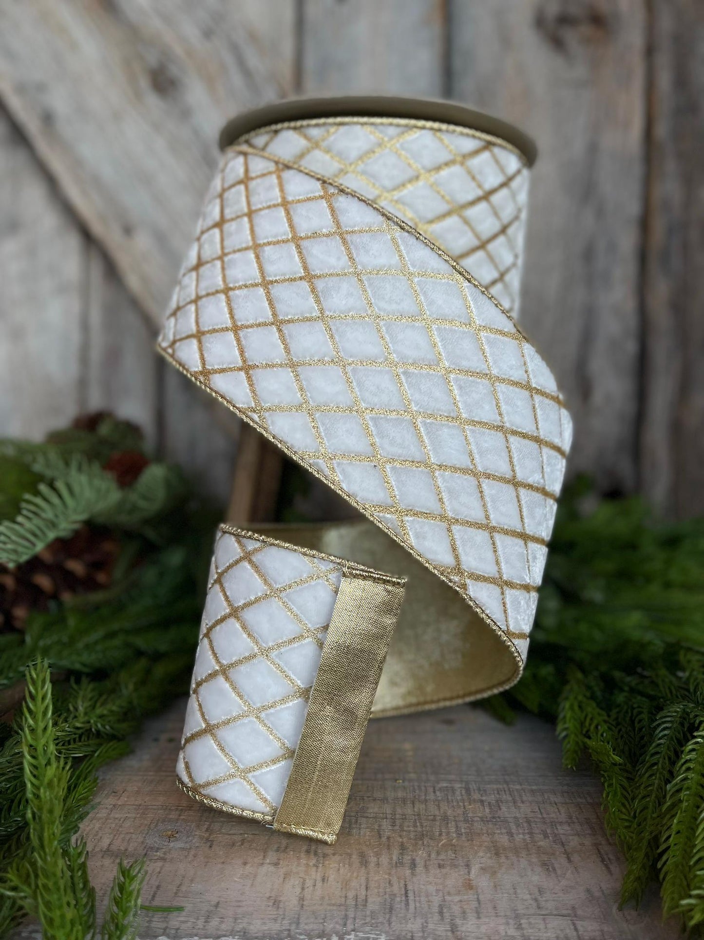 4" Ivory Velvet Metallic Diamonds Ribbon, Farrisilk Ribbon, Ivory and Gold Velvet