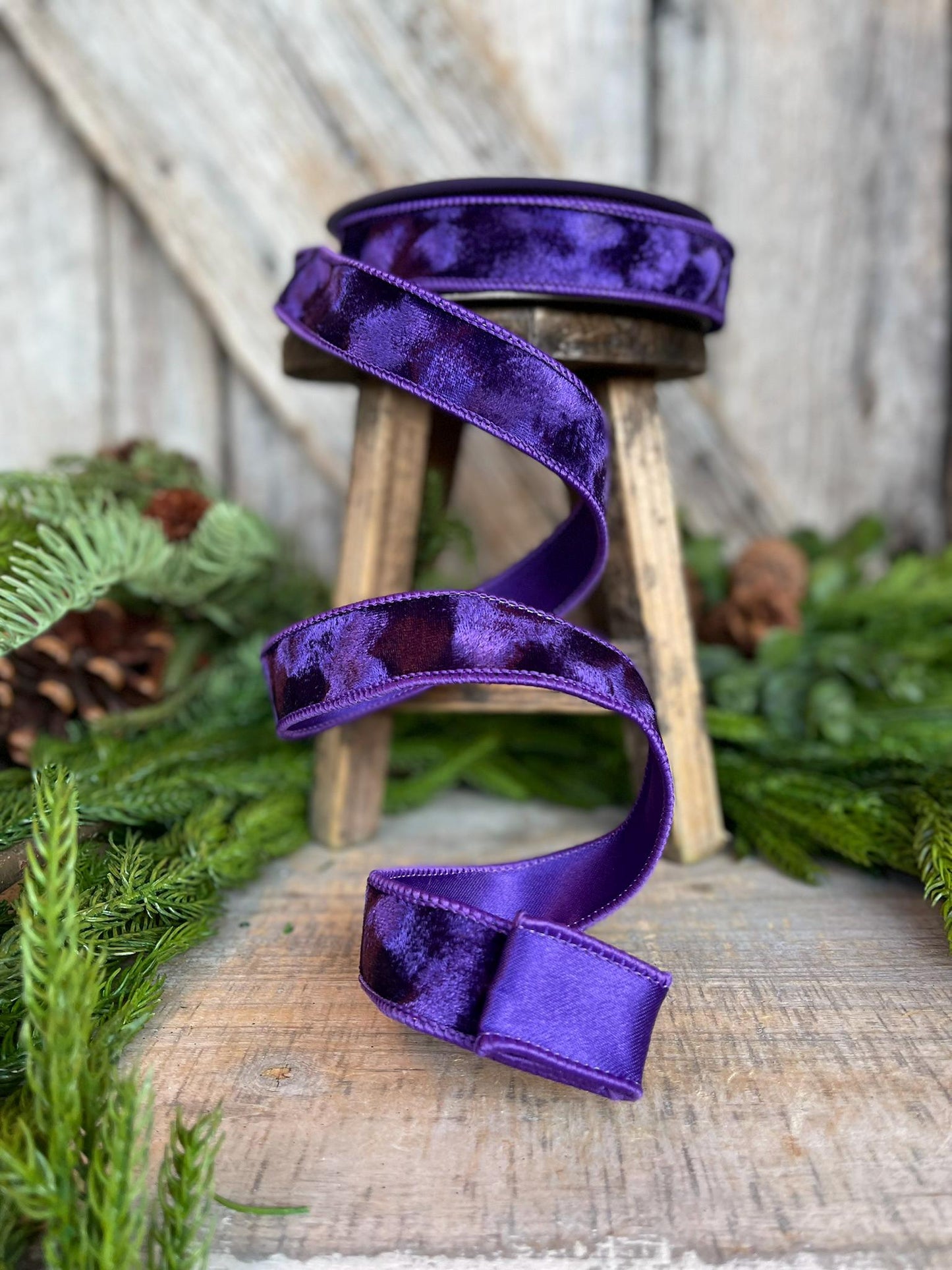 1" Purple Velvet Ribbon, Silken Velvet Ribbon, Farrisilk Wired Velvet Ribbon