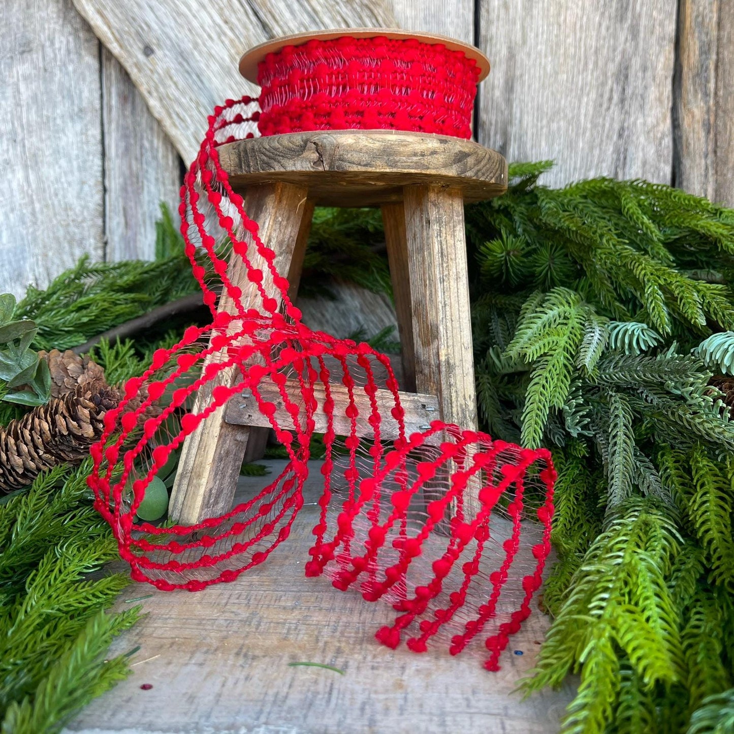 1.5" Red Pom Pom Ribbon, Red Wired Ribbon, Christmas RIbbon