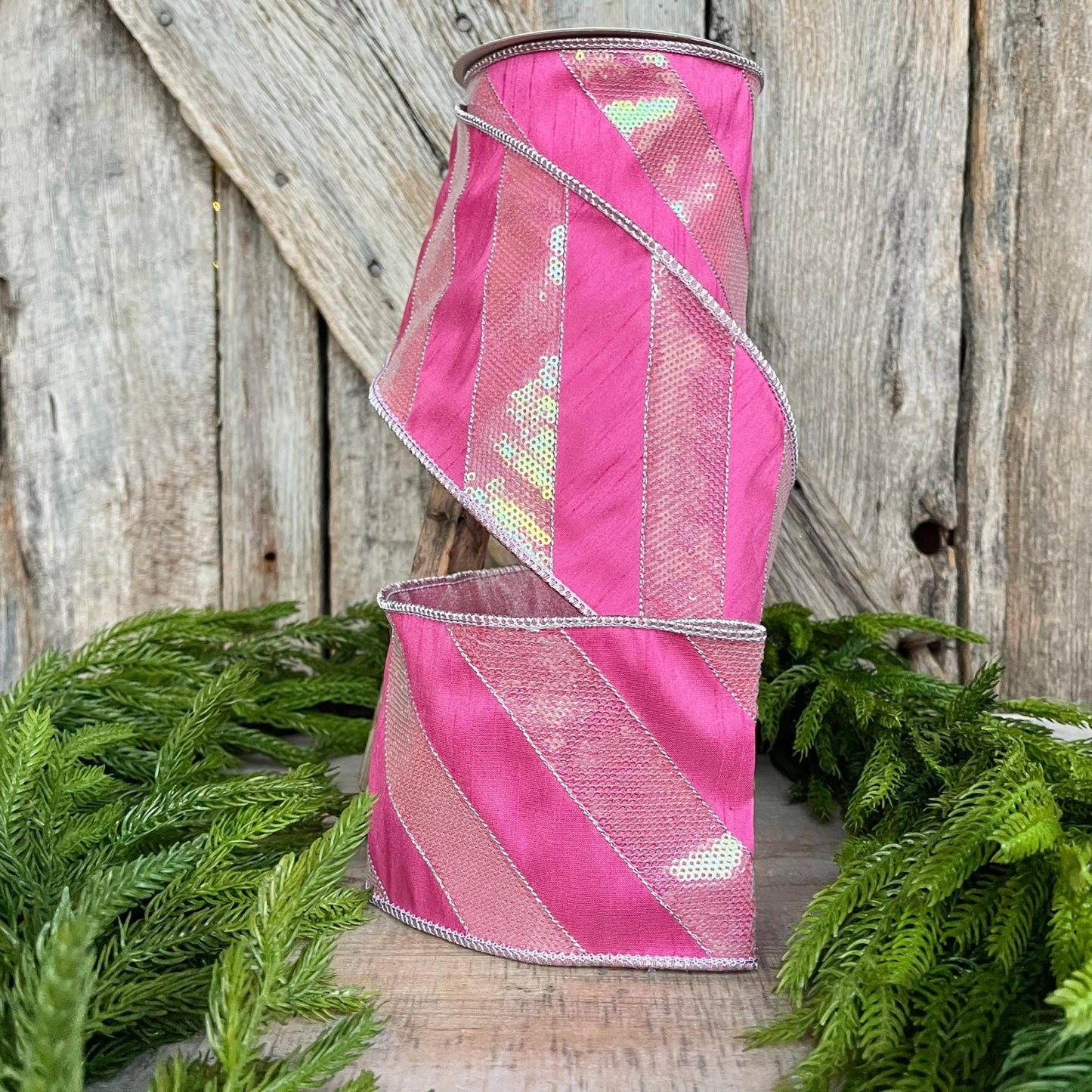 4" Hot Pink Diagonal Stripe Ribbon, Christmas Ribbon