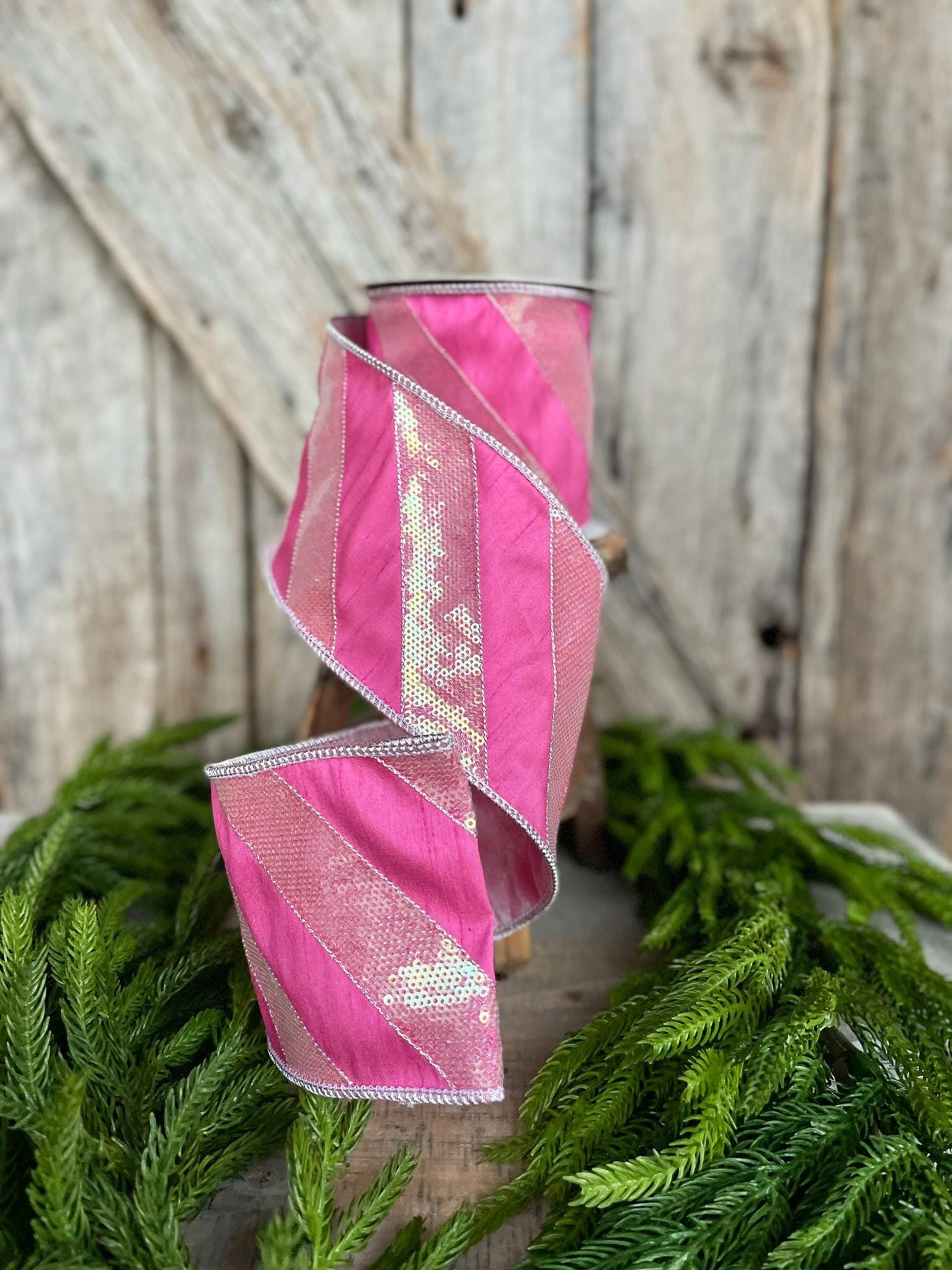 4" Hot Pink Diagonal Stripe Ribbon, Christmas Ribbon