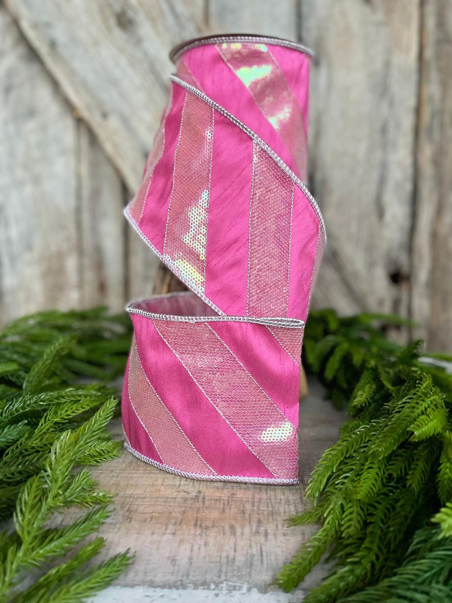 4" Hot Pink Diagonal Stripe Ribbon, Christmas Ribbon