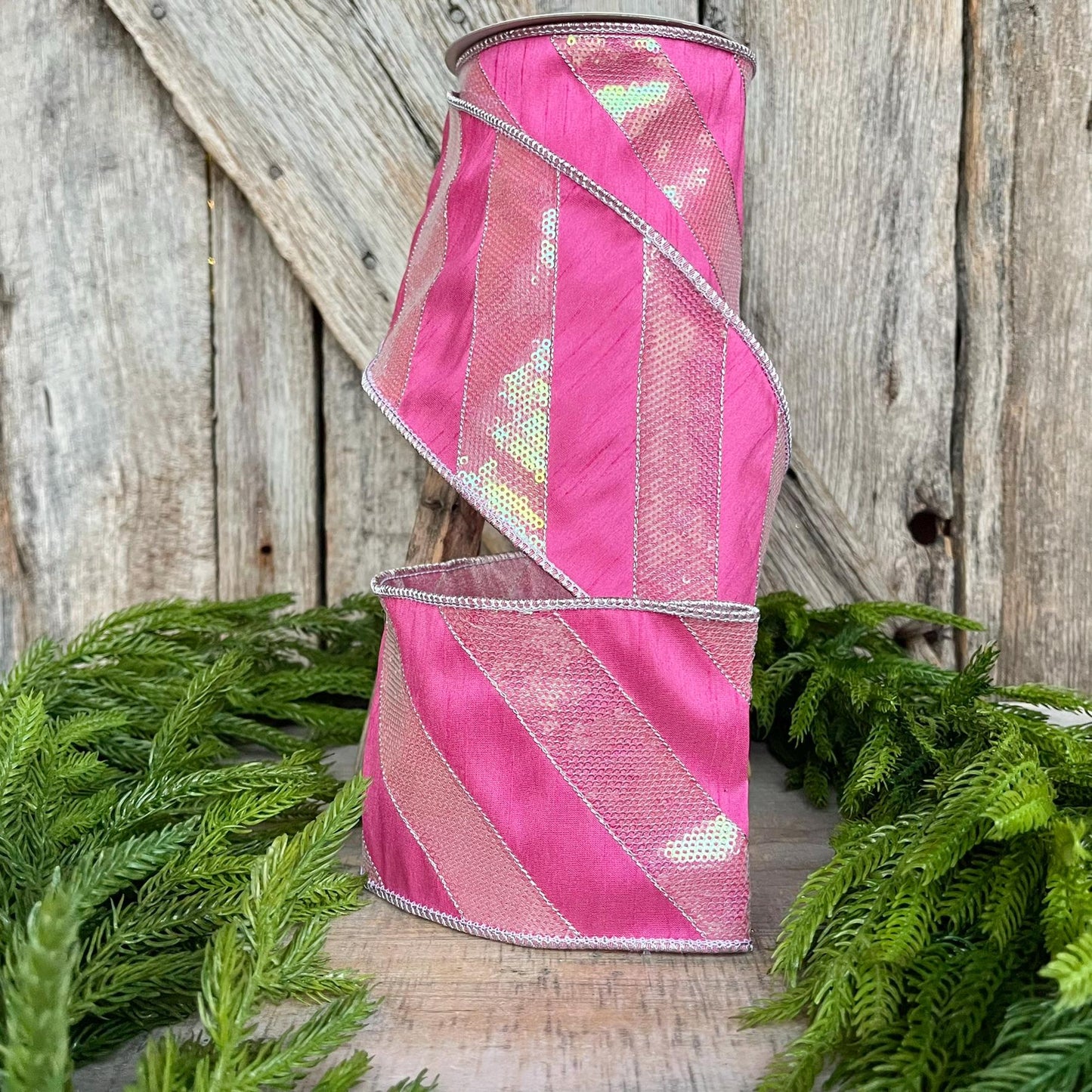 4" Hot Pink Diagonal Stripe Ribbon, Christmas Ribbon