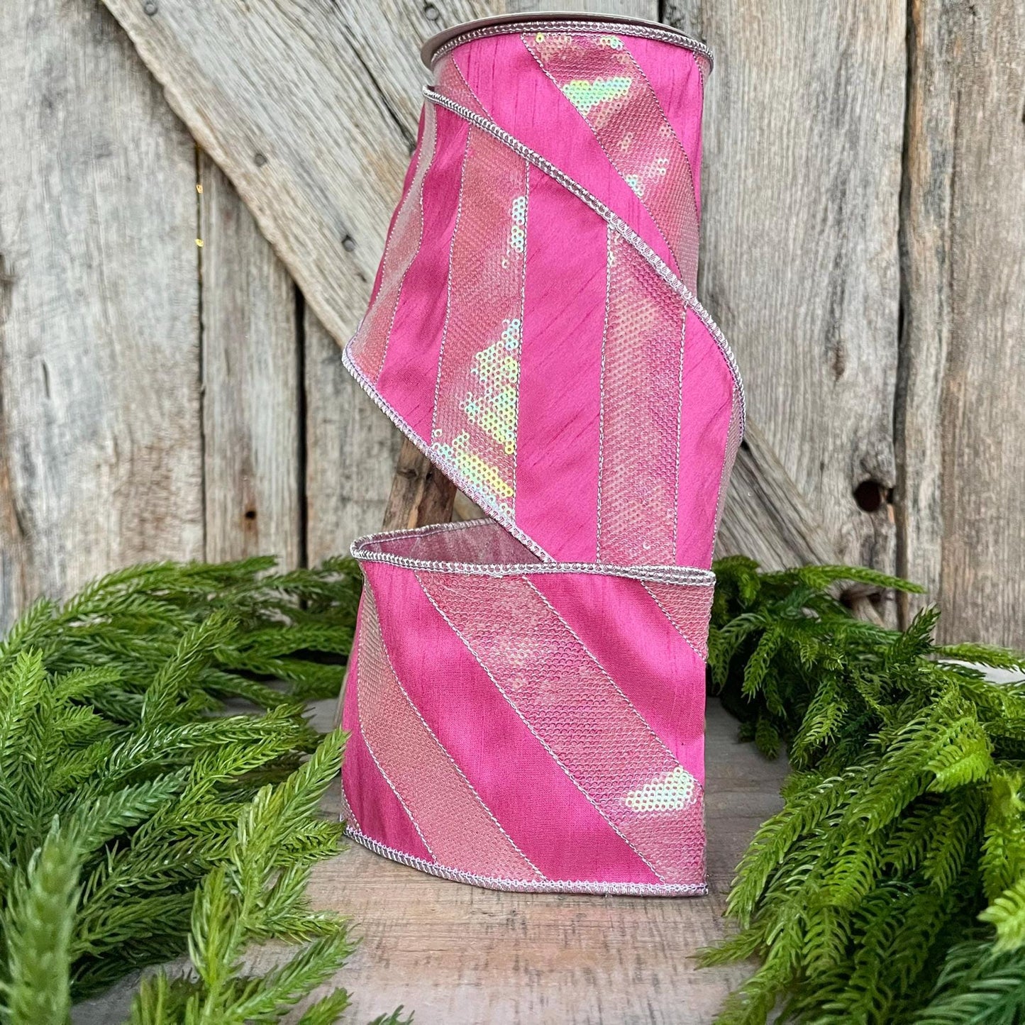 4" Hot Pink Diagonal Stripe Ribbon, Christmas Ribbon