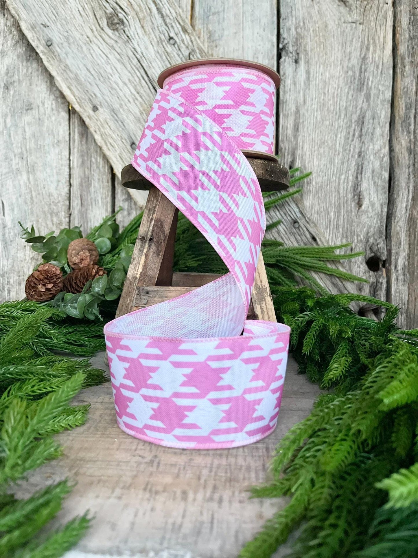 2.5" Pink Herringbone Ribbon, Pink Wired RIbbon, White Pink Ribbon