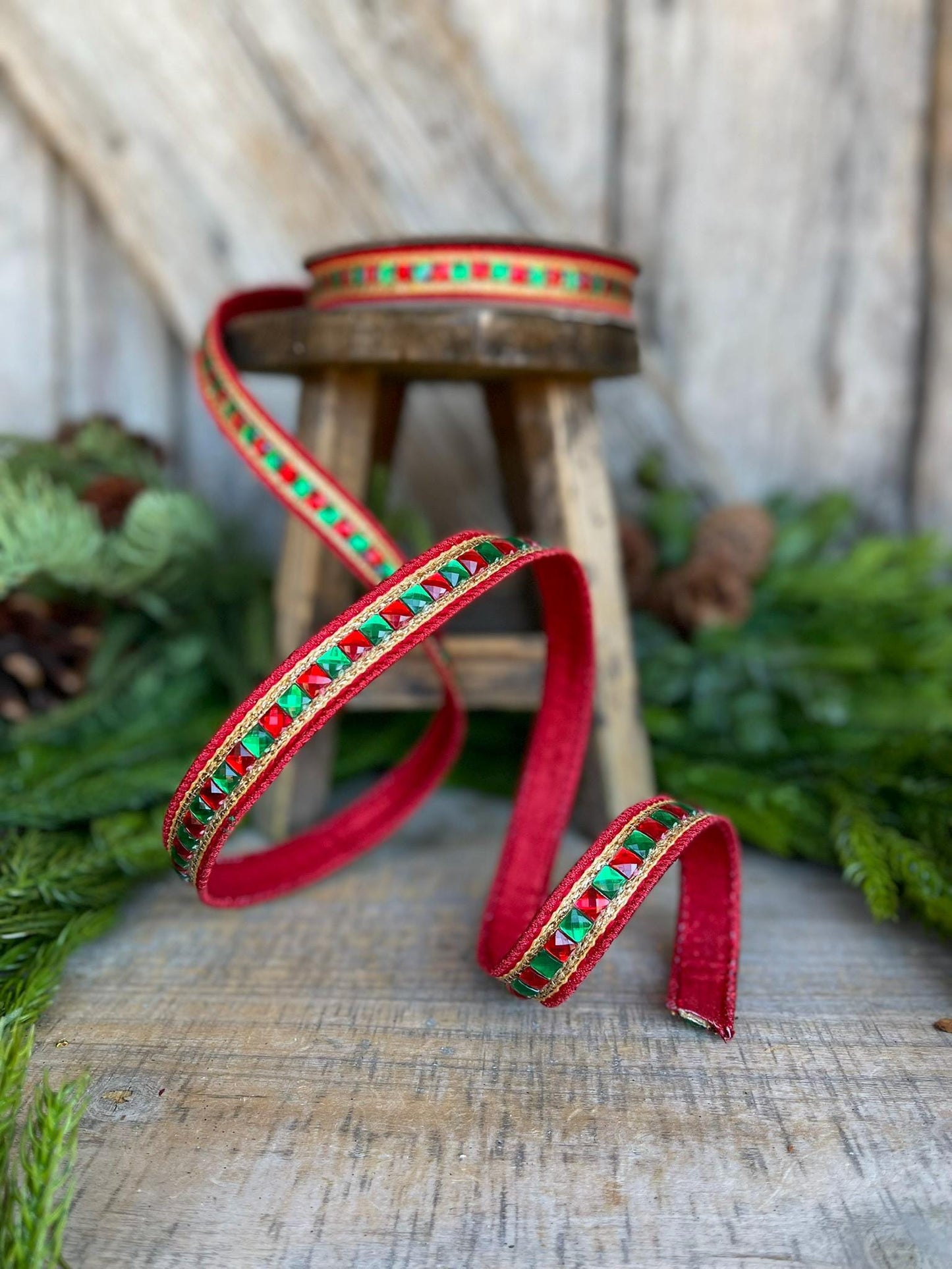 7/8" Red Green Gold Jeweled Ribbon, Jeweled Ribbon, Christmas Ribbon
