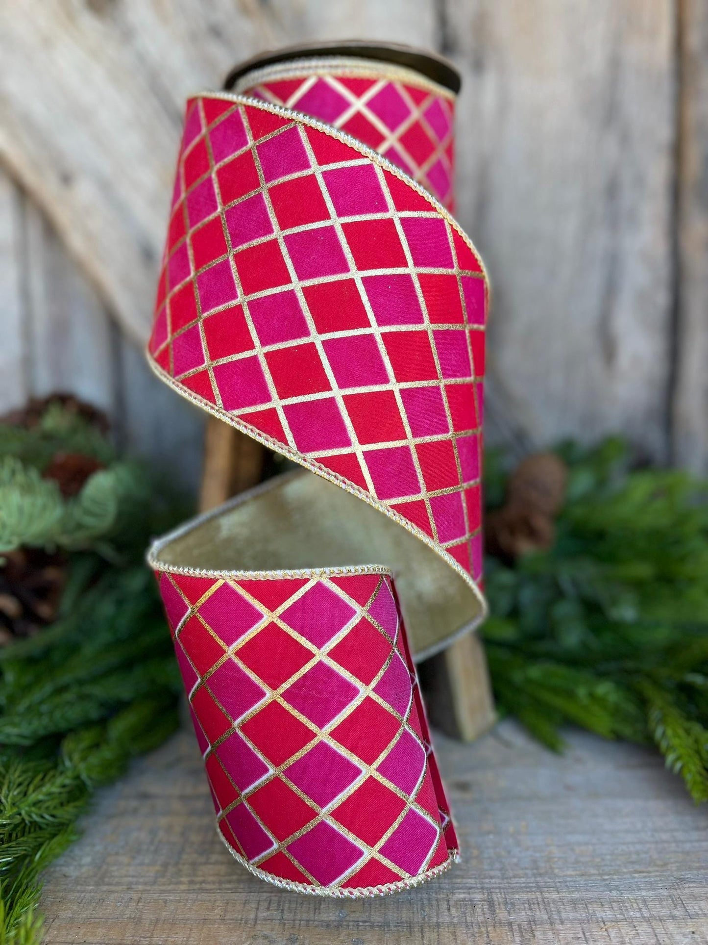 4" Red Pink Harlequin Ribbon, Diamond Ribbon, Red Hot Pink Ribbon