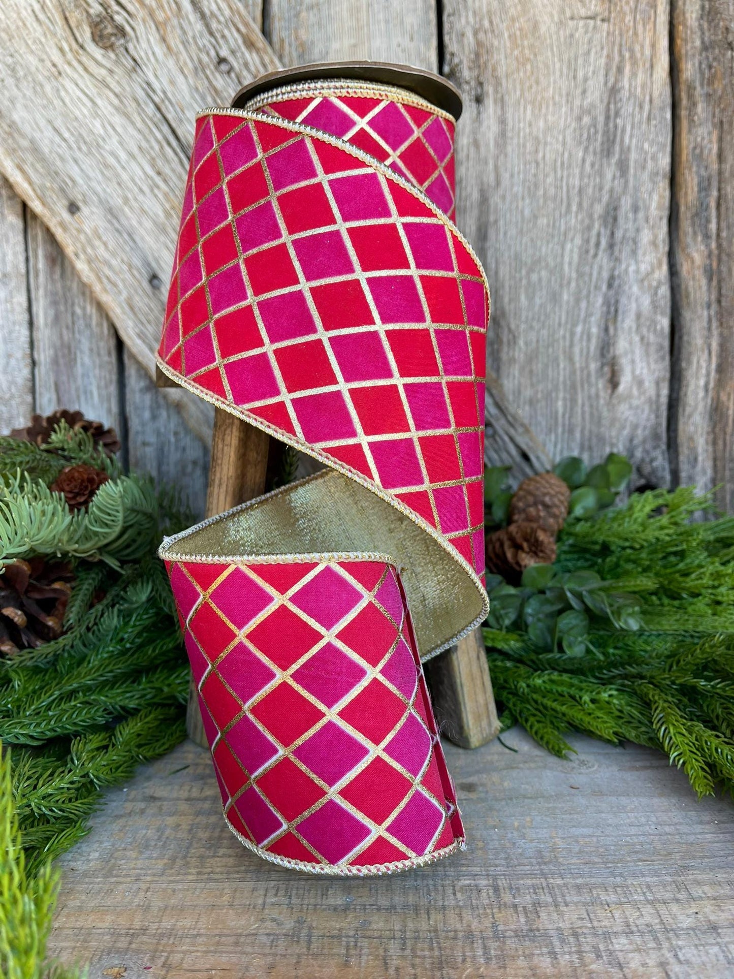 4" Red Pink Harlequin Ribbon, Diamond Ribbon, Red Hot Pink Ribbon