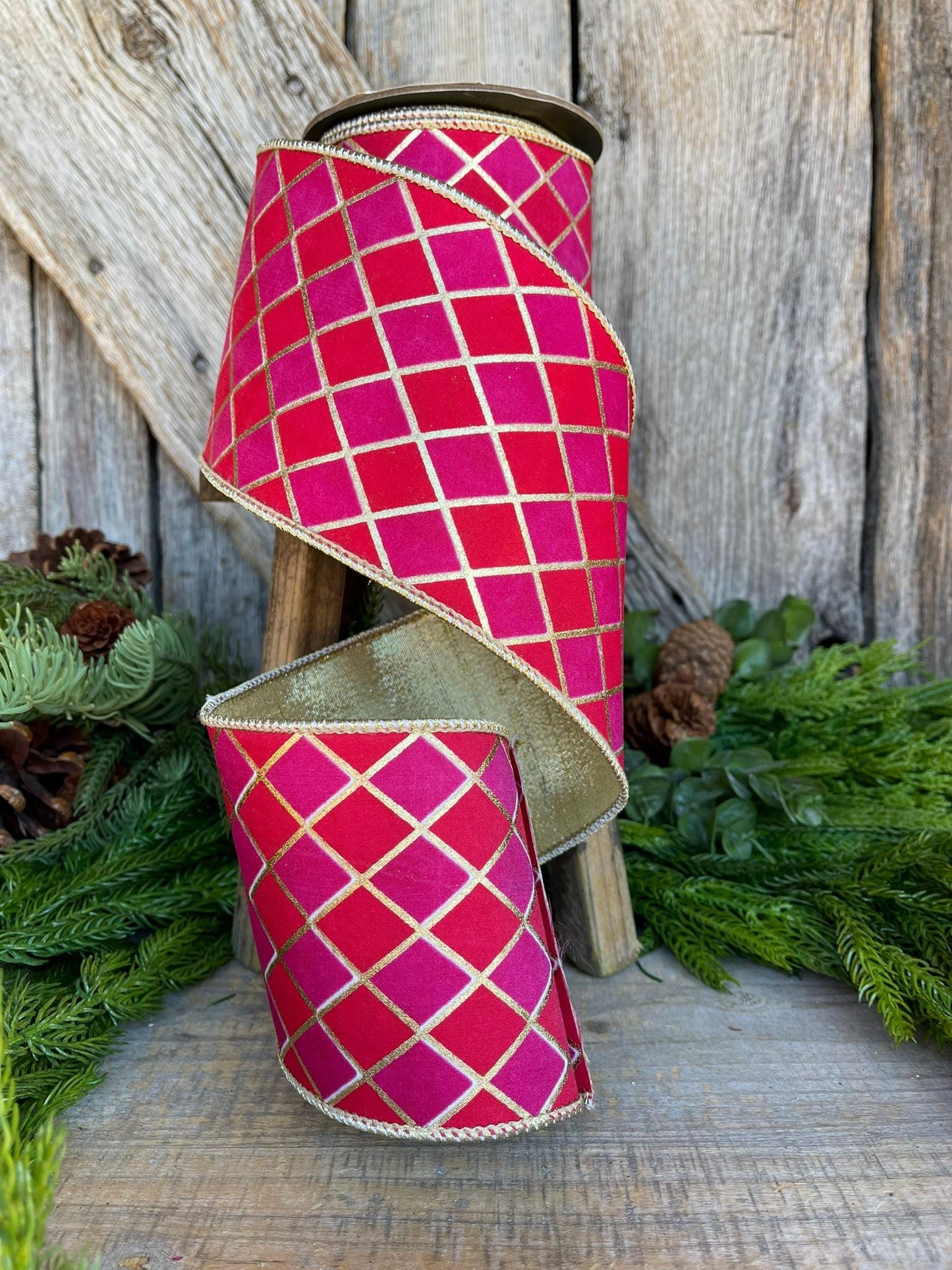 4" Red Pink Harlequin Ribbon, Diamond Ribbon, Red Hot Pink Ribbon