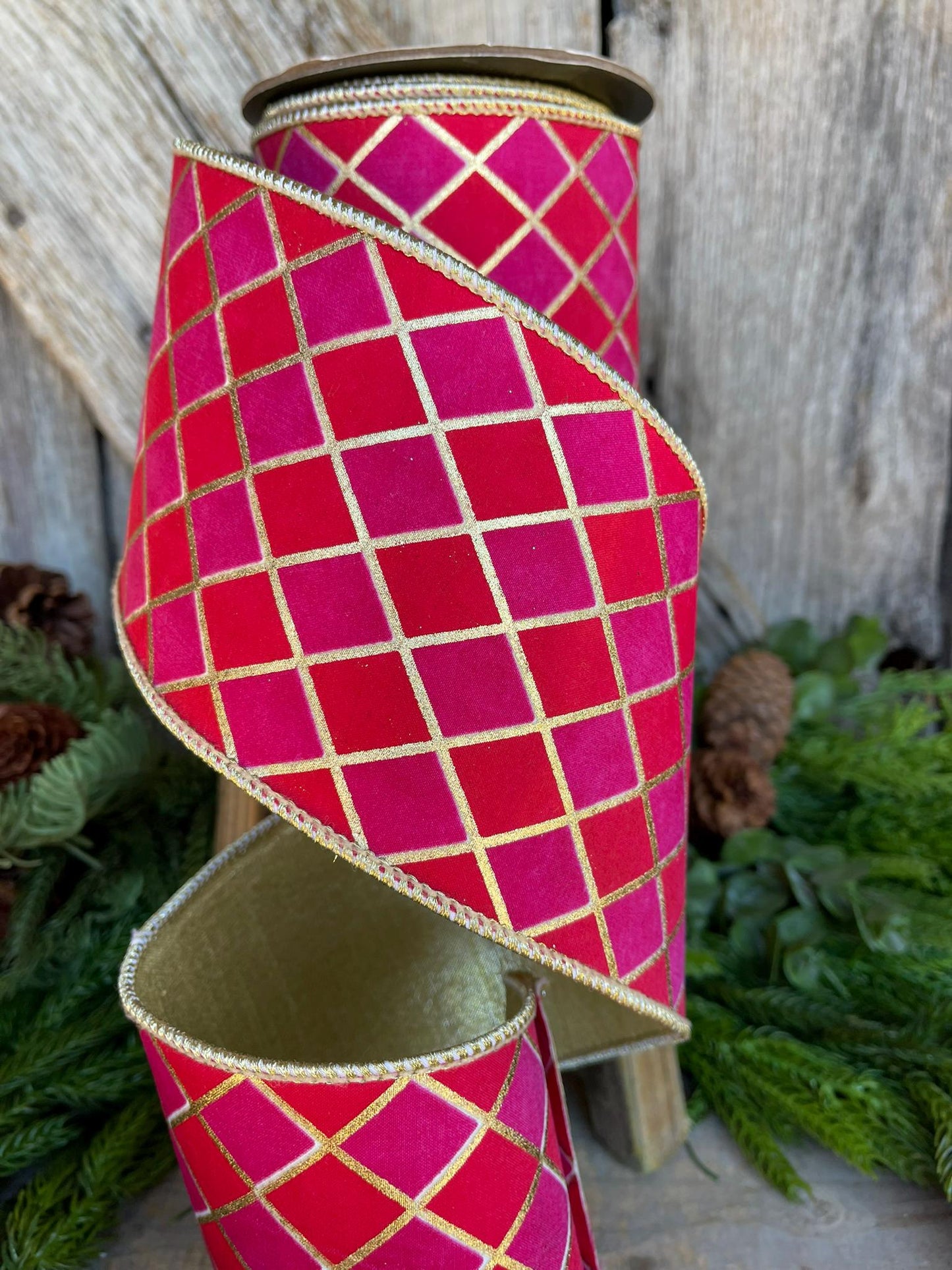 4" Red Pink Harlequin Ribbon, Diamond Ribbon, Red Hot Pink Ribbon
