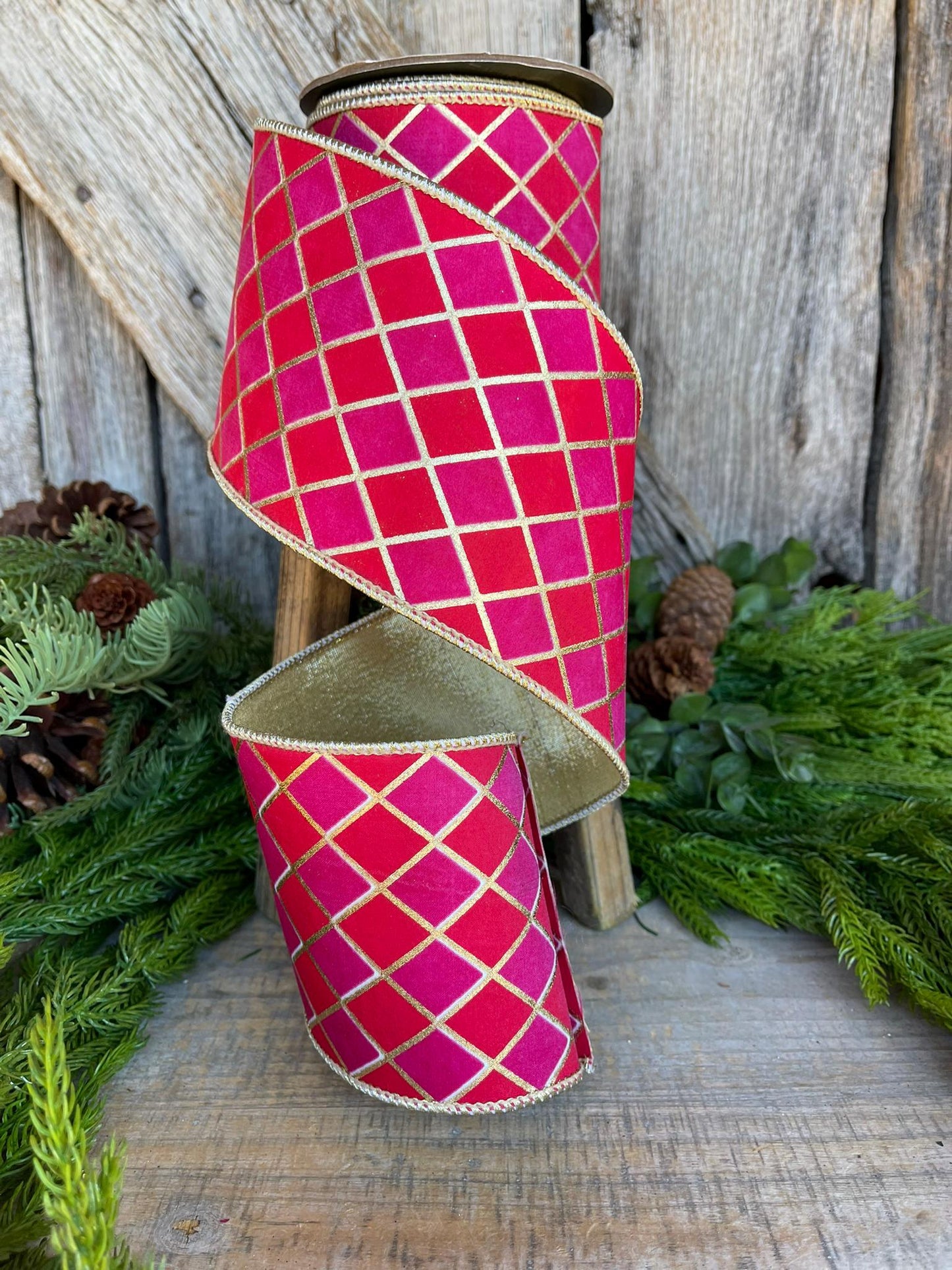 4" Red Pink Harlequin Ribbon, Diamond Ribbon, Red Hot Pink Ribbon