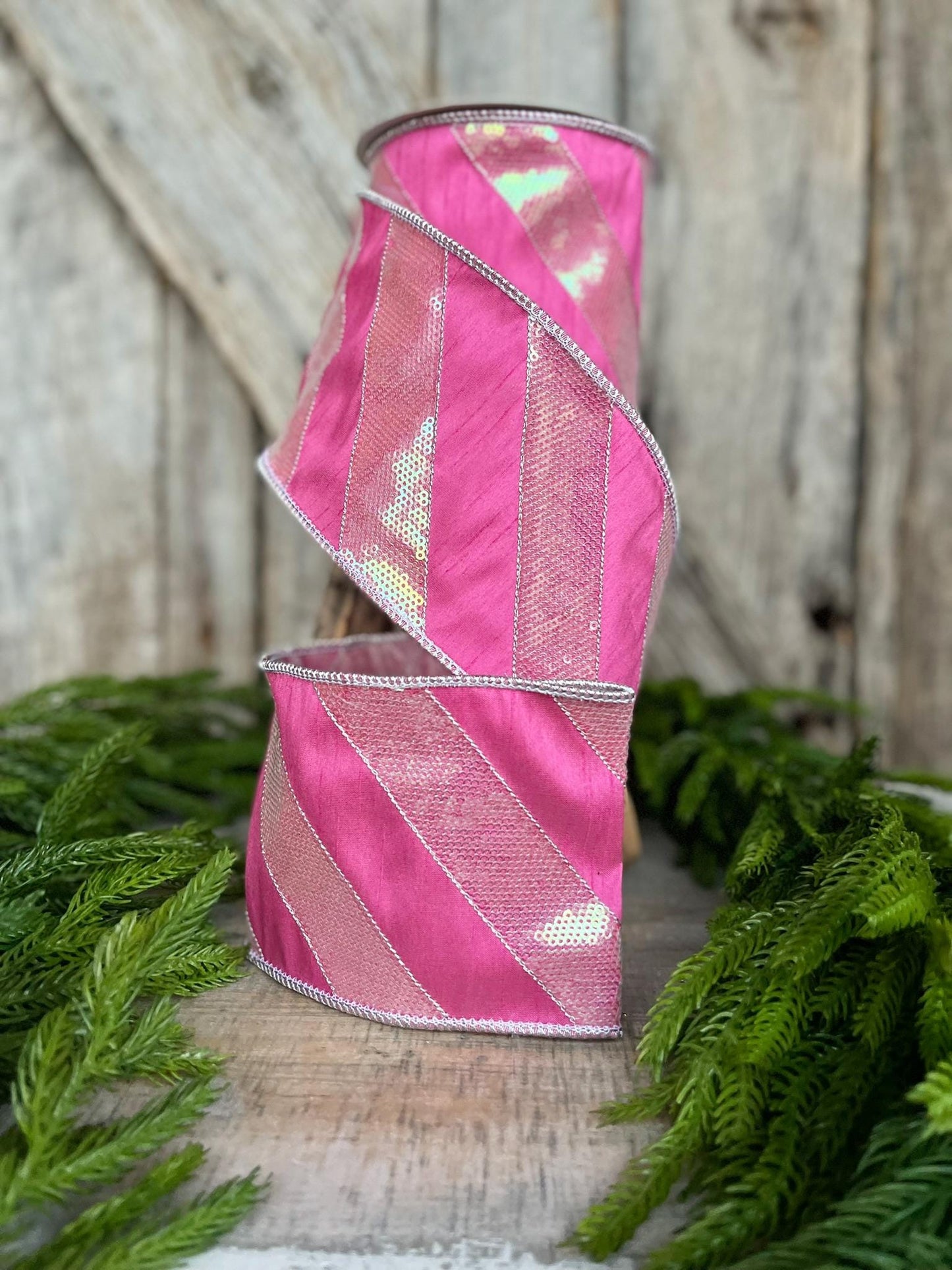 4" Hot Pink Diagonal Stripe Ribbon, Christmas Ribbon