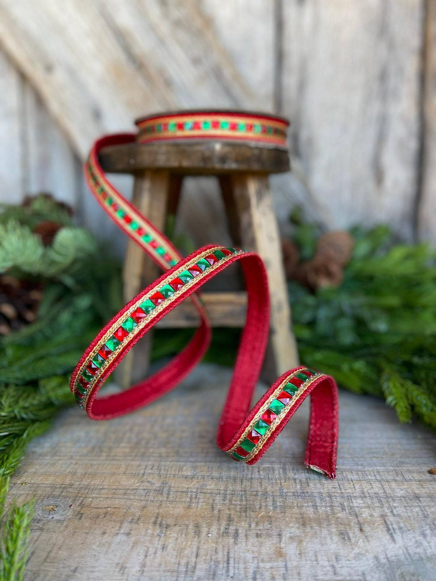 7/8" Red Green Gold Jeweled Ribbon, Jeweled Ribbon, Christmas Ribbon