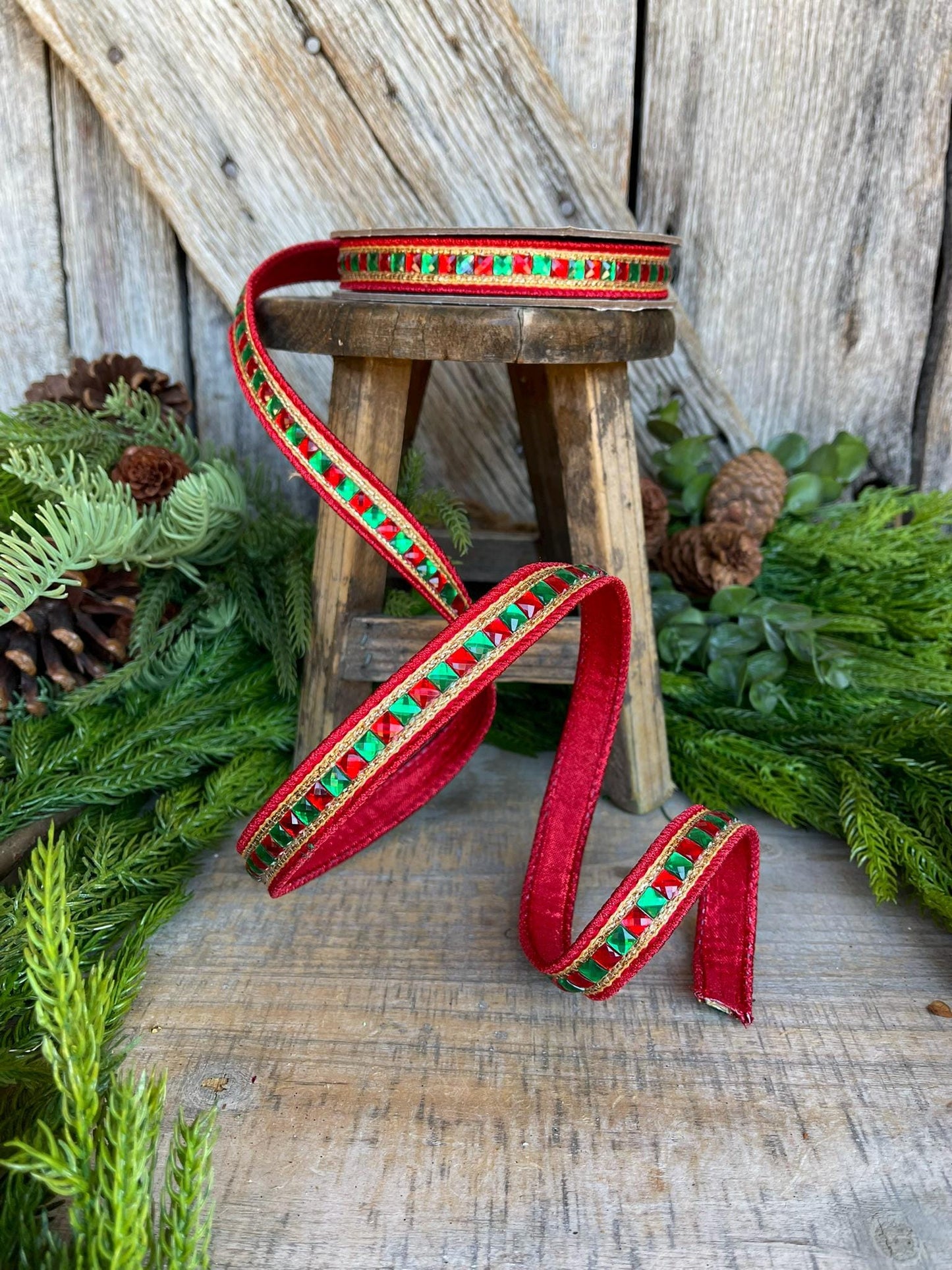 7/8" Red Green Gold Jeweled Ribbon, Jeweled Ribbon, Christmas Ribbon