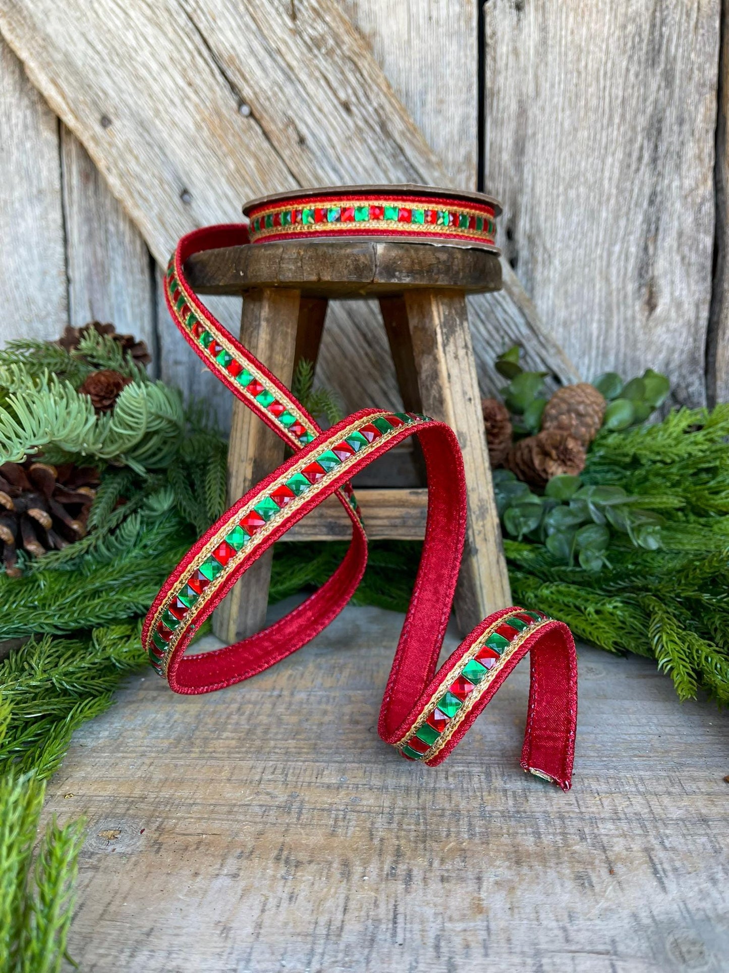7/8" Red Green Gold Jeweled Ribbon, Jeweled Ribbon, Christmas Ribbon