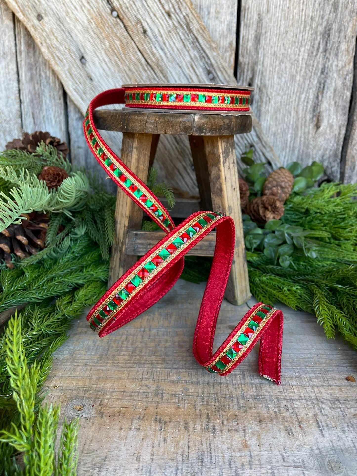 7/8" Red Green Gold Jeweled Ribbon, Jeweled Ribbon, Christmas Ribbon