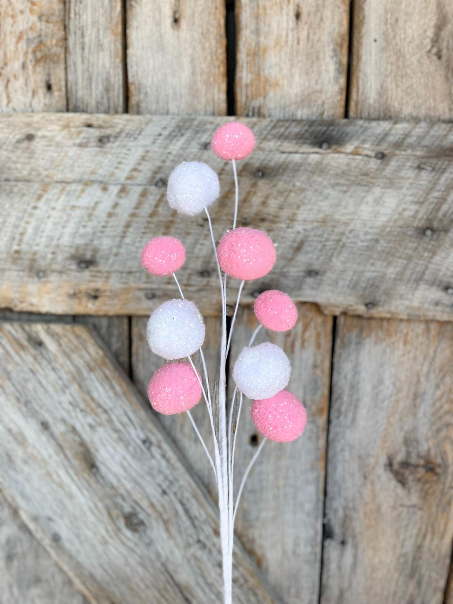 28" Pink White Pom Pom Spray, Easter Spray, Spring Picks Stems, Floral SUpply, Wreath Supply, Pink and White Ball Spray