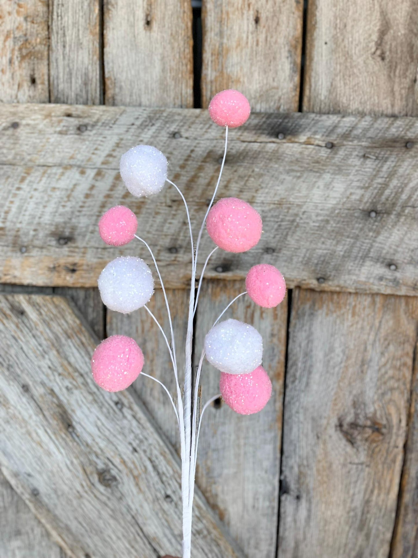 28" Pink White Pom Pom Spray, Easter Spray, Spring Picks Stems, Floral SUpply, Wreath Supply, Pink and White Ball Spray