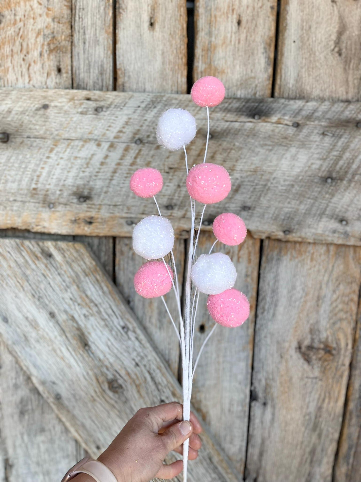 28" Pink White Pom Pom Spray, Easter Spray, Spring Picks Stems, Floral SUpply, Wreath Supply, Pink and White Ball Spray