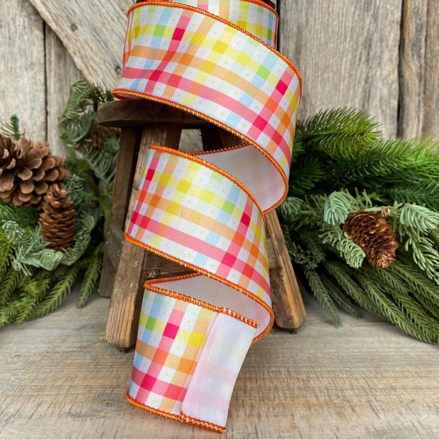 2.5" Pastel Check Plaid Ribbon, Designer Ribbon, Plaid Ribbon, Spring RIbbon, WreathSUpply, Craft supply, Ribbon for Bows, 94528W-767-40F