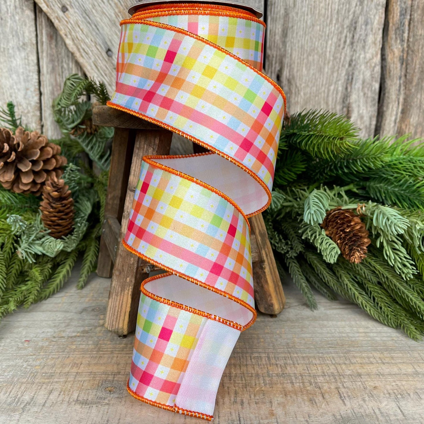 2.5" Pastel Check Plaid Ribbon, Designer Ribbon, Plaid Ribbon, Spring RIbbon, WreathSUpply, Craft supply, Ribbon for Bows, 94528W-767-40F