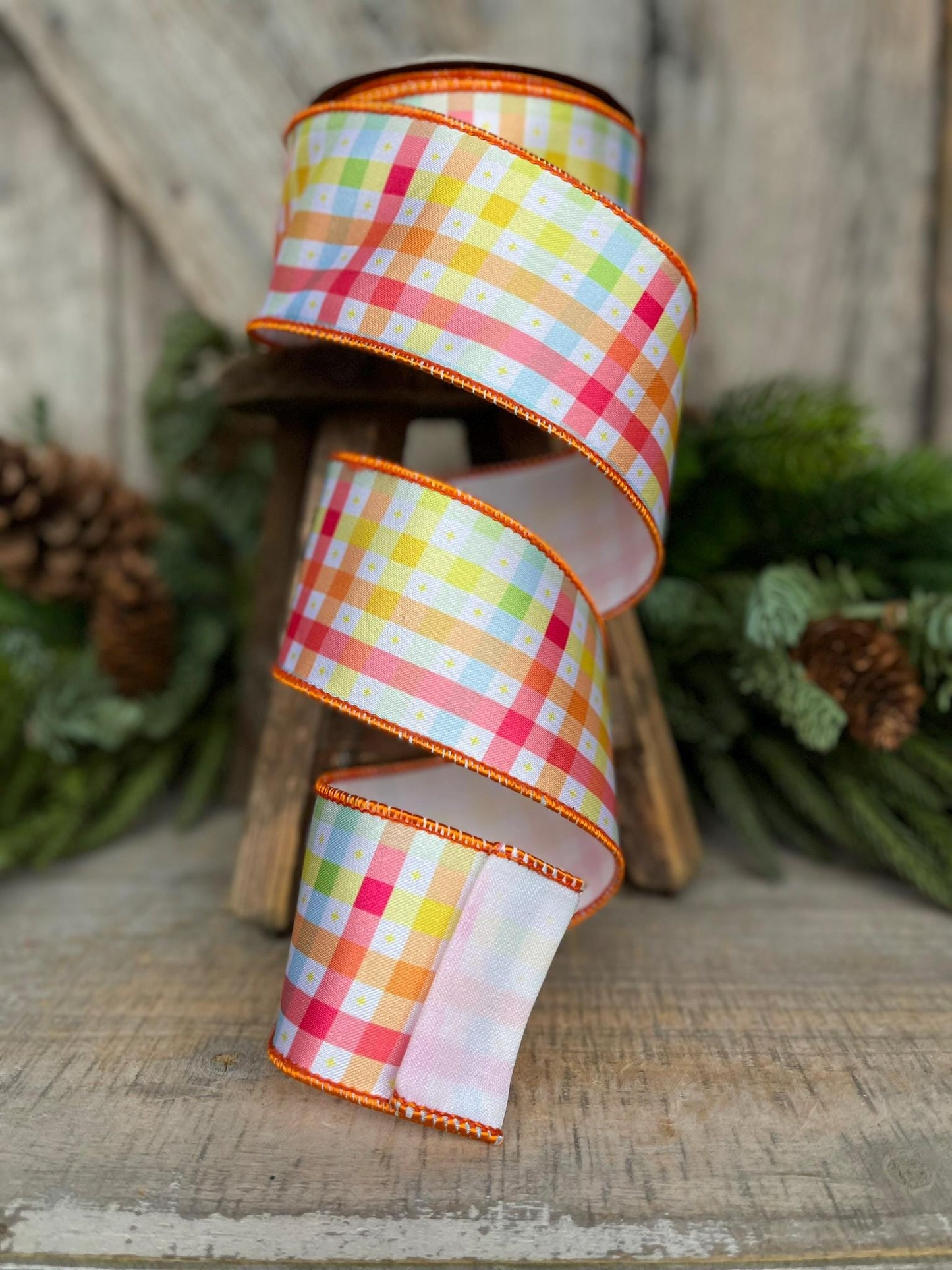 2.5" Pastel Check Plaid Ribbon, Designer Ribbon, Plaid Ribbon, Spring RIbbon, WreathSUpply, Craft supply, Ribbon for Bows, 94528W-767-40F