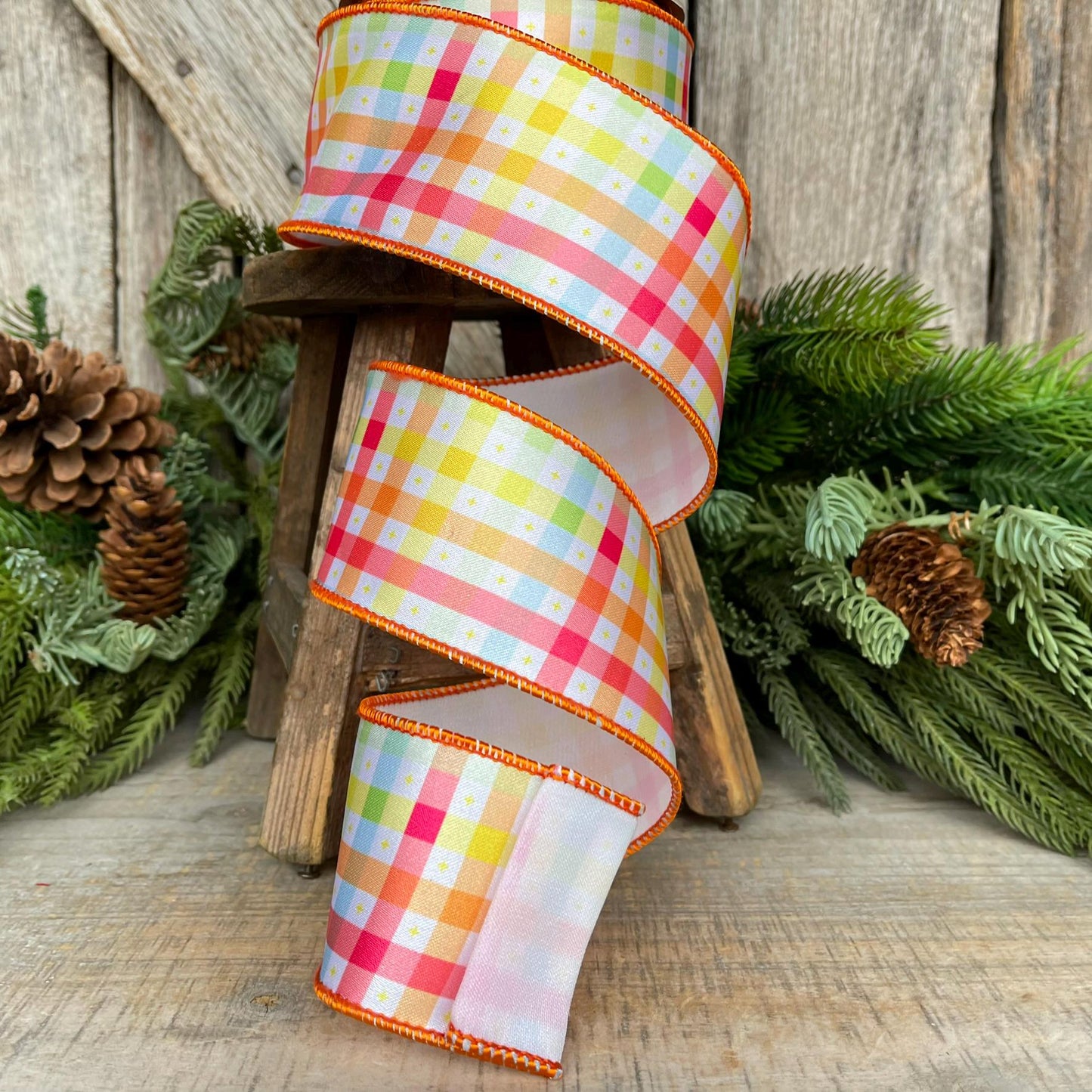 2.5" Pastel Check Plaid Ribbon, Designer Ribbon, Plaid Ribbon, Spring RIbbon, WreathSUpply, Craft supply, Ribbon for Bows, 94528W-767-40F
