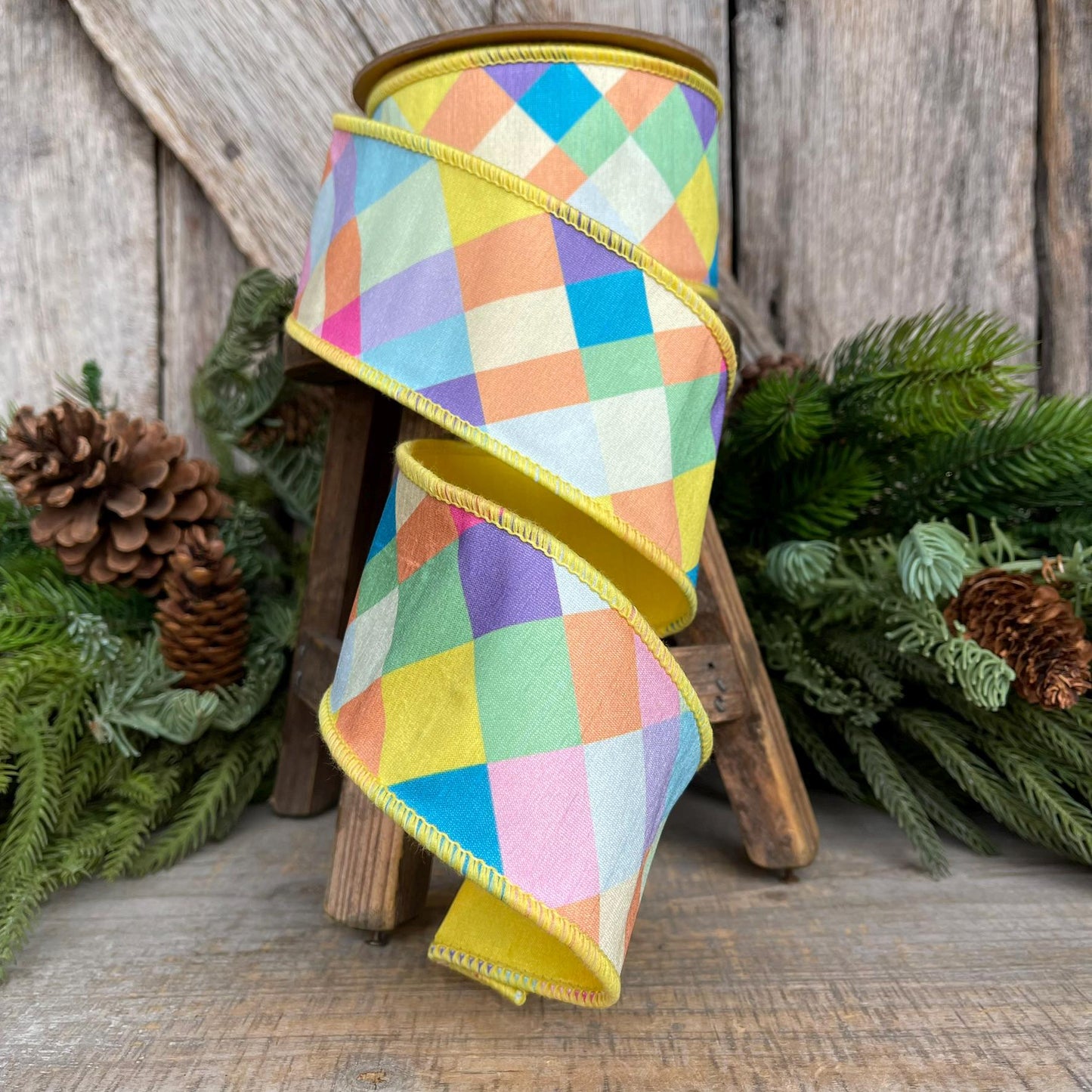 2.5" Yellow Pastel Plaid Ribbon, Easter Ribbon, Pastel Ribbon, Spring Ribbon, Deisgner Ribbon, Fused RIbbon, Summer Ribbon