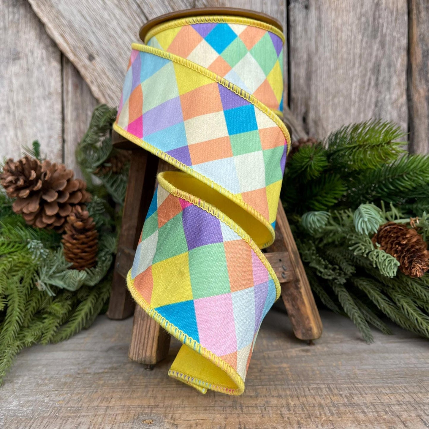2.5" Yellow Pastel Plaid Ribbon, Easter Ribbon, Pastel Ribbon, Spring Ribbon, Deisgner Ribbon, Fused RIbbon, Summer Ribbon