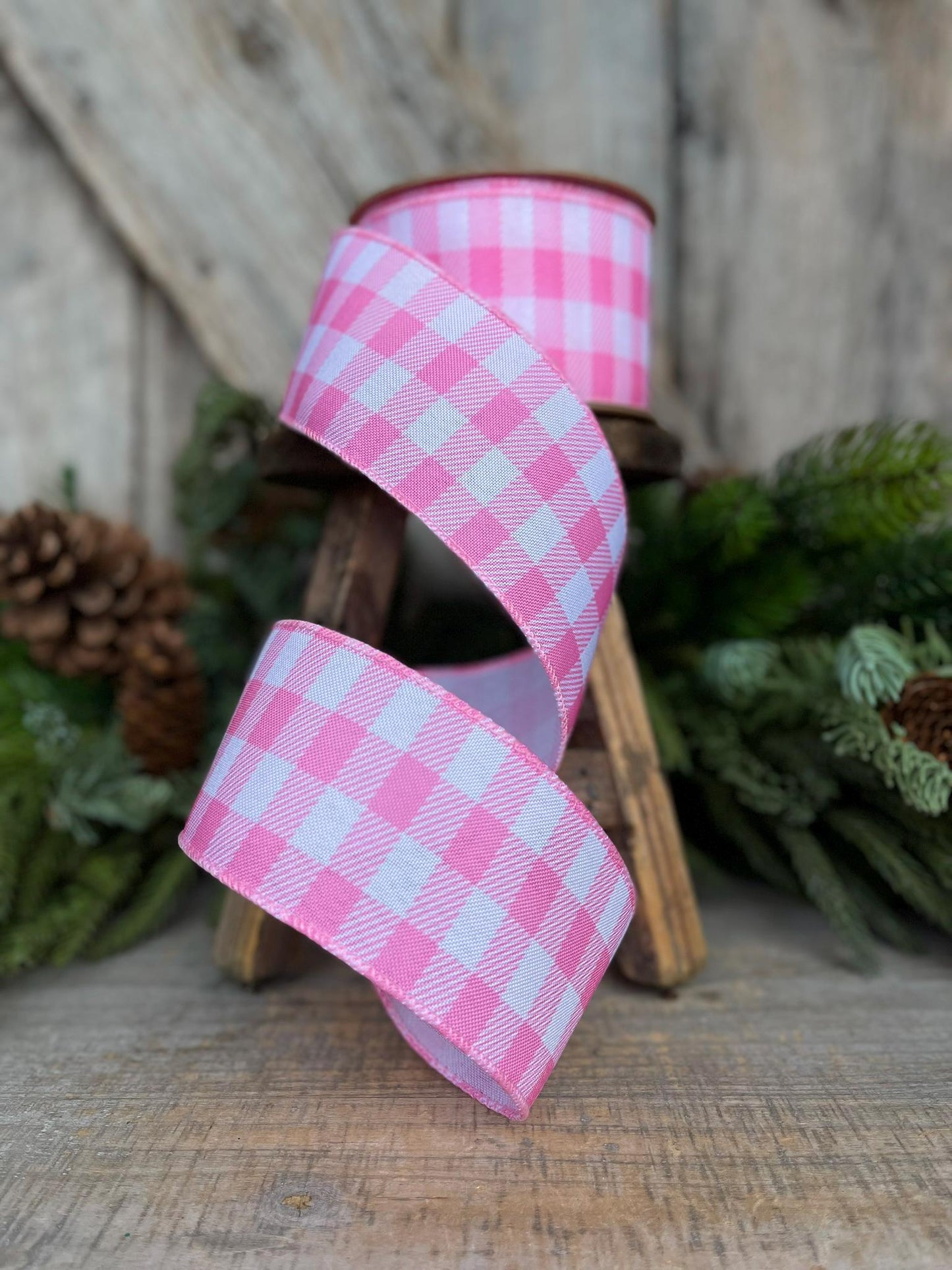2.5" Pink Checks Ribbon, Easter Ribbon, Spring Ribbon, Pink Plaid Ribbon, Wired RIbbon, Light Pink Ribbon, Pink White Ribbon