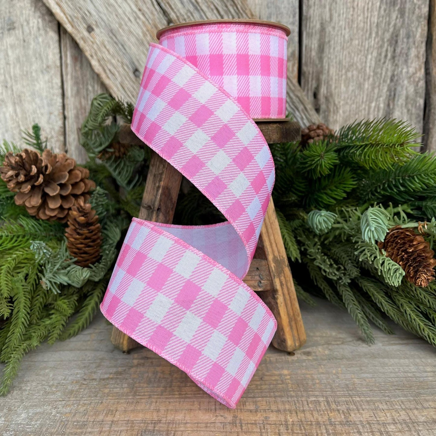 2.5" Pink Checks Ribbon, Easter Ribbon, Spring Ribbon, Pink Plaid Ribbon, Wired RIbbon, Light Pink Ribbon, Pink White Ribbon