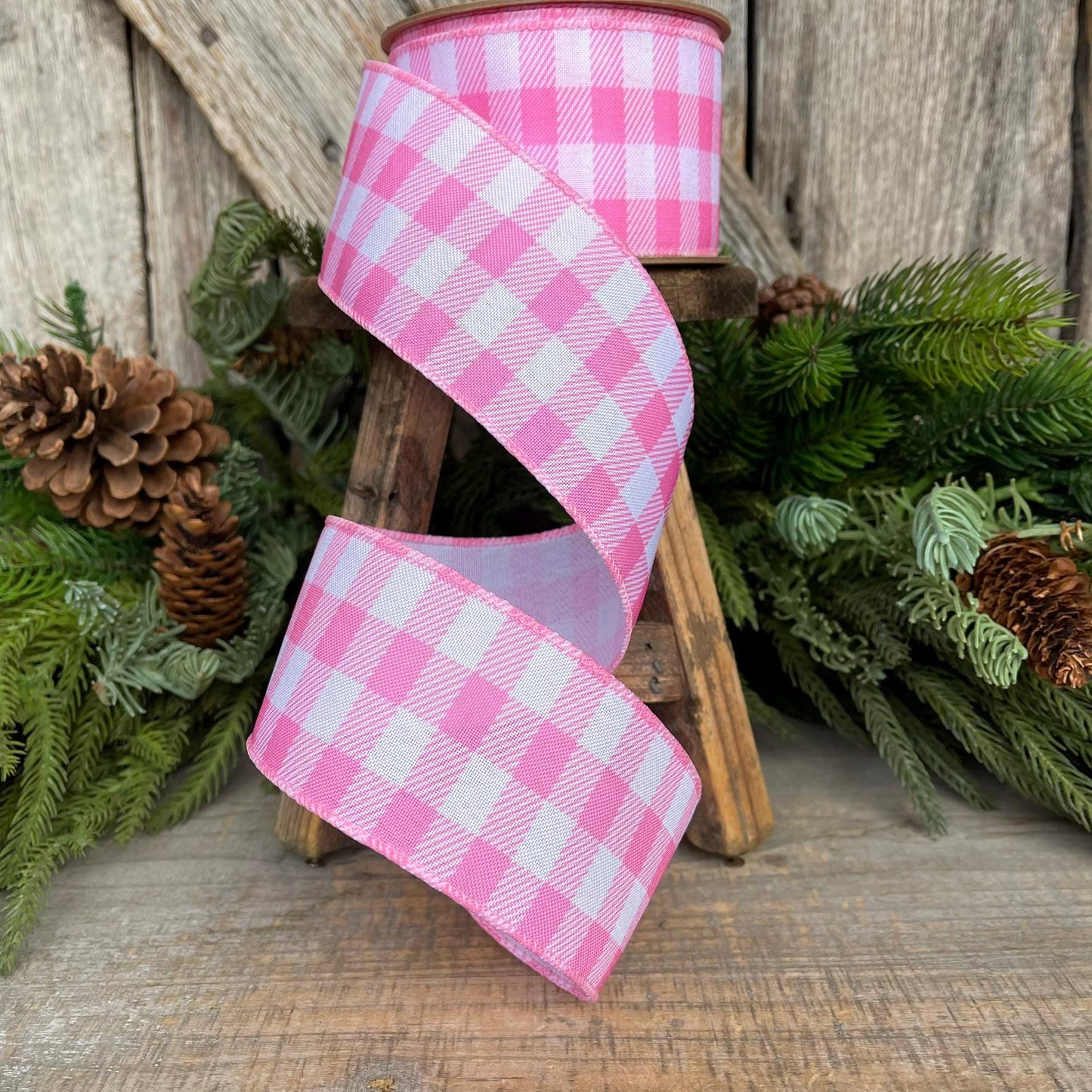 2.5" Pink Checks Ribbon, Easter Ribbon, Spring Ribbon, Pink Plaid Ribbon, Wired RIbbon, Light Pink Ribbon, Pink White Ribbon