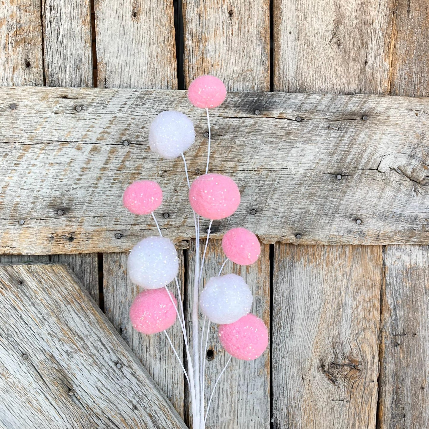 28" Pink White Pom Pom Spray, Easter Spray, Spring Picks Stems, Floral SUpply, Wreath Supply, Pink and White Ball Spray