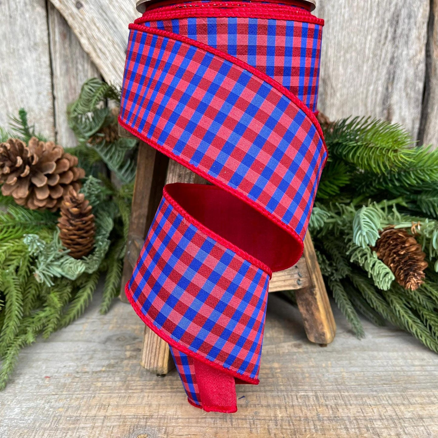 2.5" Red Blue Check Ribbon, Wired RIbbon, Patriotic Ribbon, Red Blue Gingham Ribbon, 4th of July Ribbon, Designer Ribbon