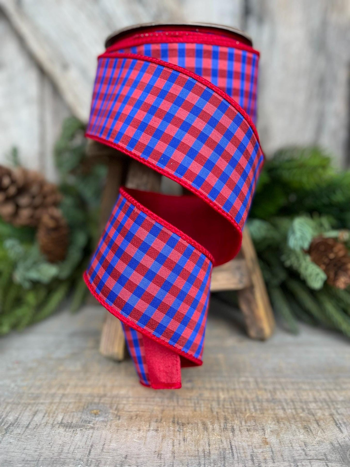 2.5" Red Blue Check Ribbon, Wired RIbbon, Patriotic Ribbon, Red Blue Gingham Ribbon, 4th of July Ribbon, Designer Ribbon