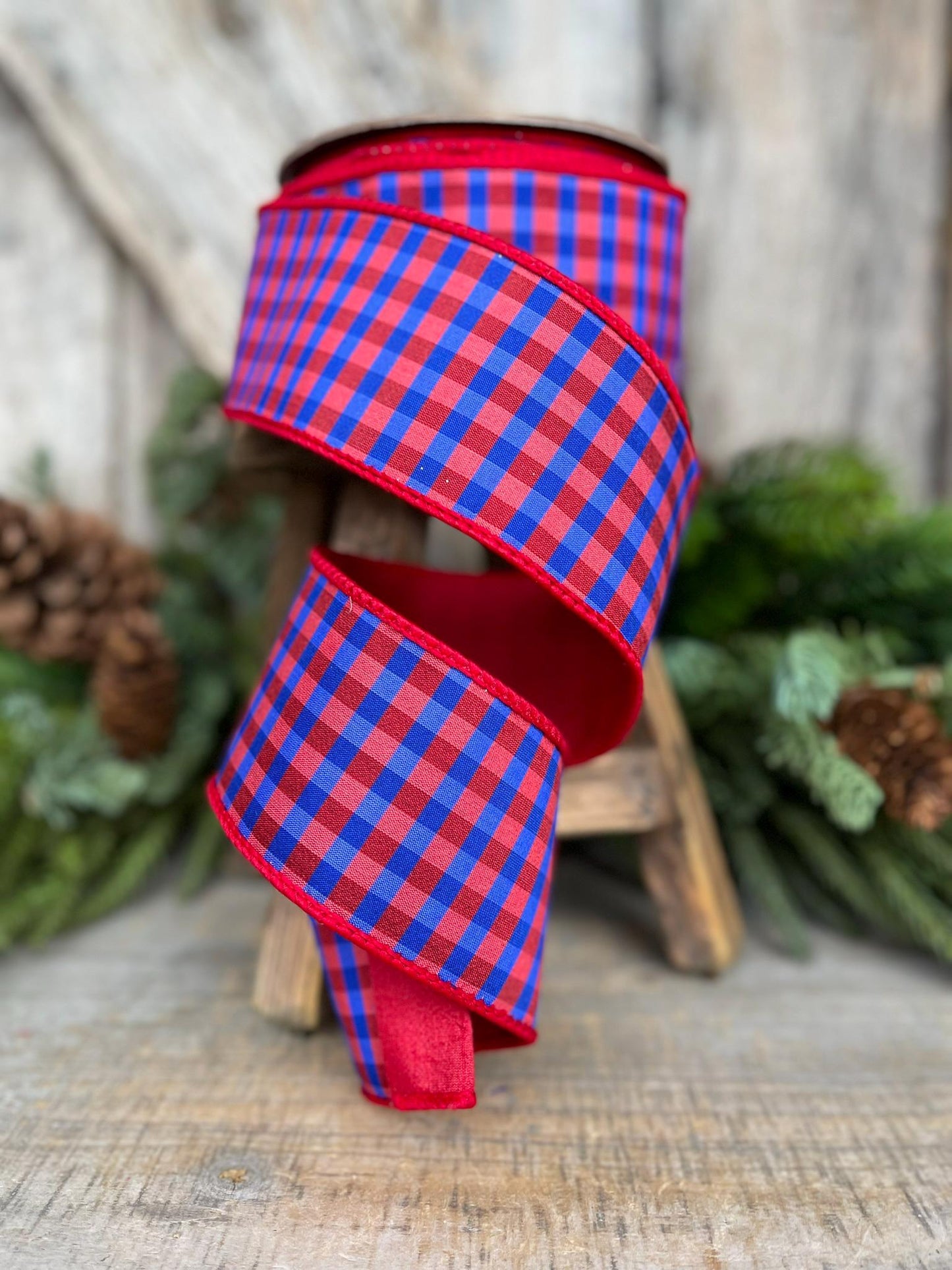 2.5" Red Blue Check Ribbon, Wired RIbbon, Patriotic Ribbon, Red Blue Gingham Ribbon, 4th of July Ribbon, Designer Ribbon