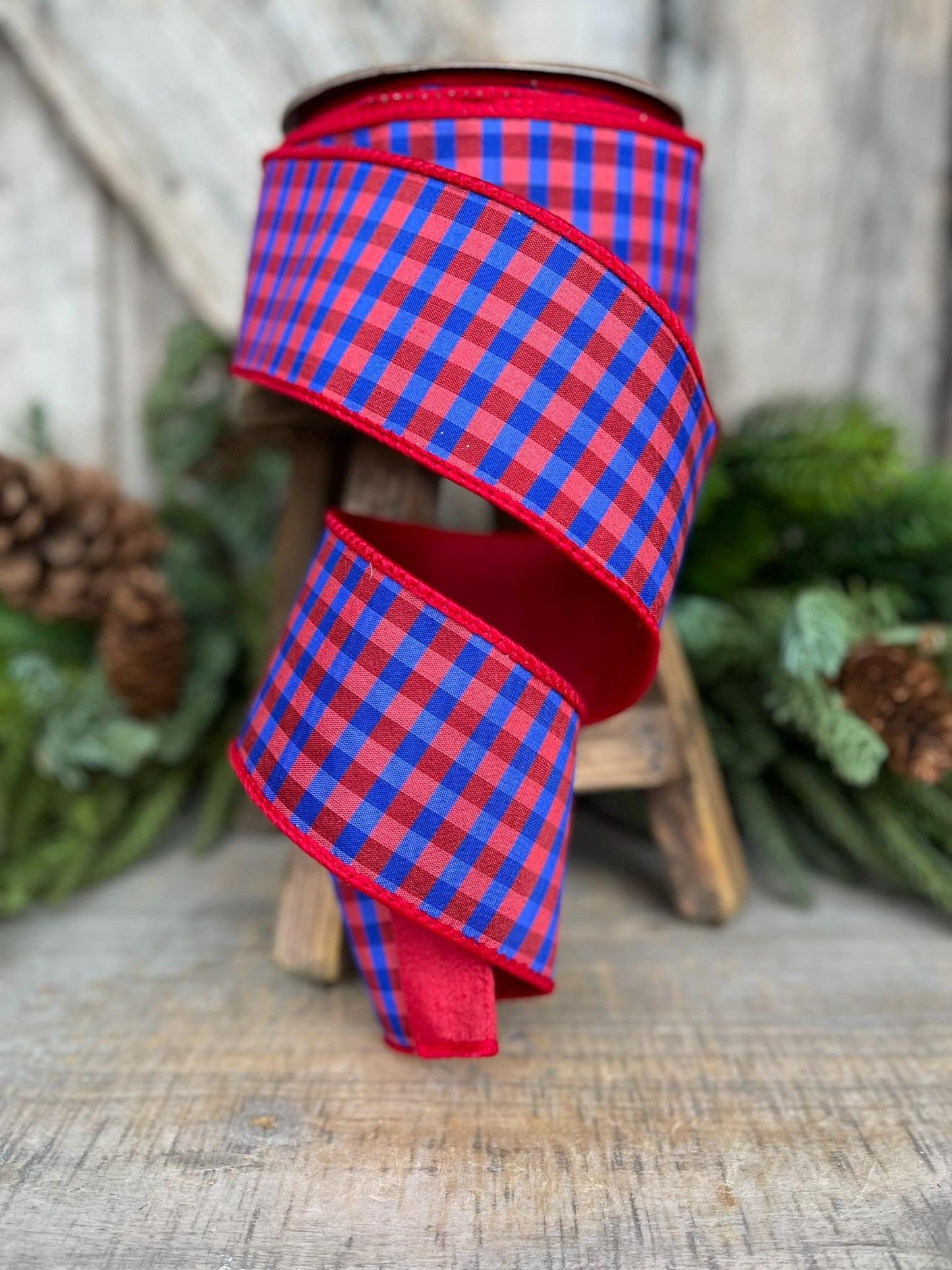 2.5" Red Blue Check Ribbon, Wired RIbbon, Patriotic Ribbon, Red Blue Gingham Ribbon, 4th of July Ribbon, Designer Ribbon