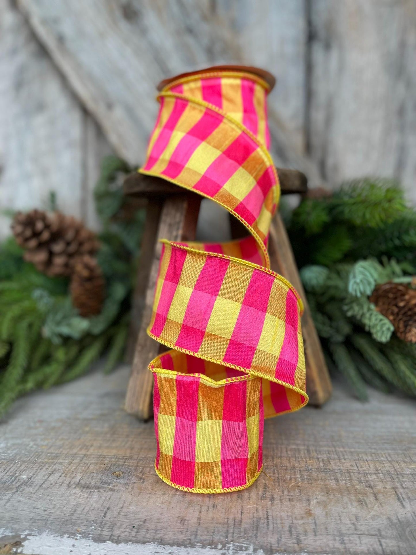 2.5" Hot Pink Yellow Plaid Ribbon, Dupion, Spring Ribbon, Yellow Pink RIbbon, Dupion Ribbon, Designer RIbbon, Summer Ribbon