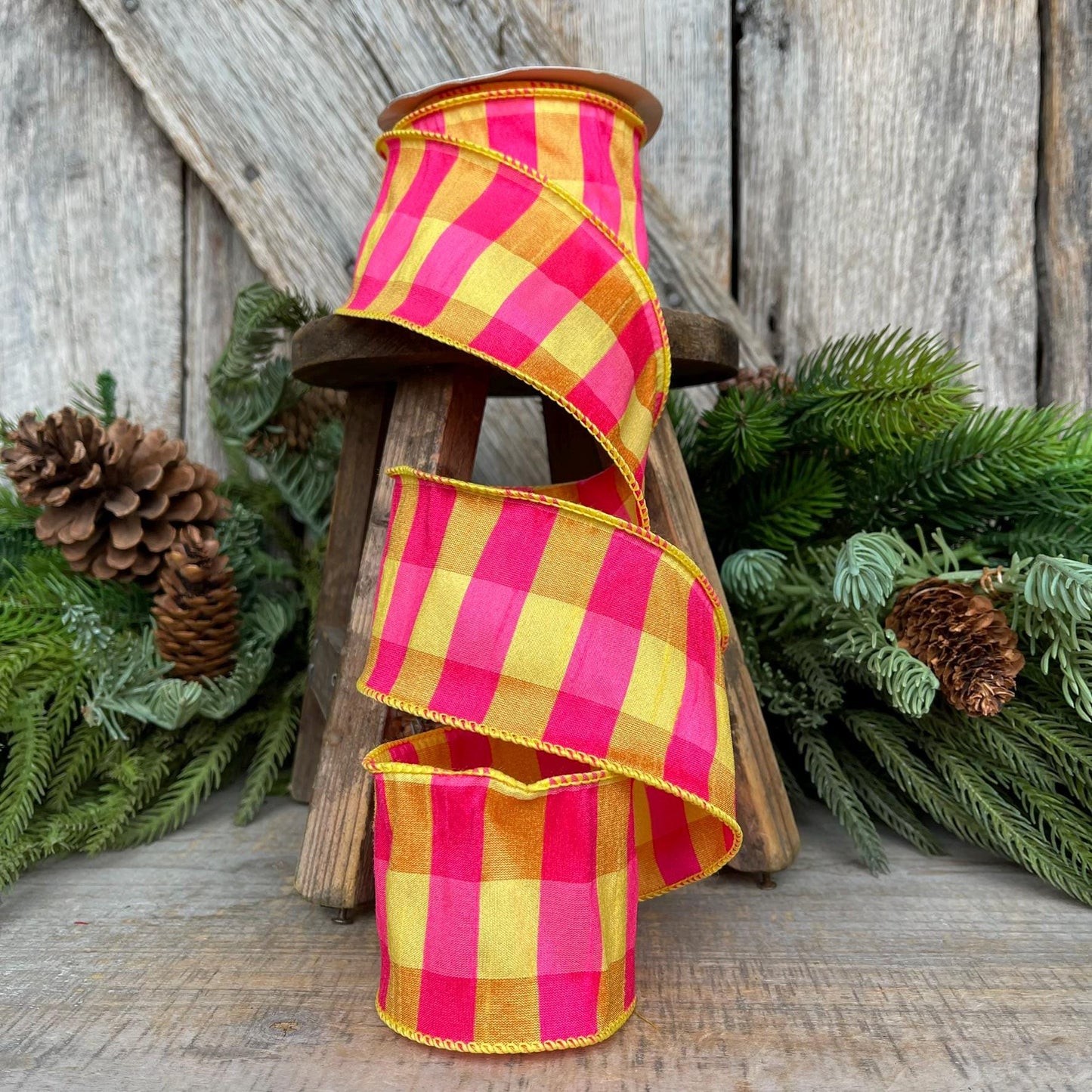 2.5" Hot Pink Yellow Plaid Ribbon, Dupion, Spring Ribbon, Yellow Pink RIbbon, Dupion Ribbon, Designer RIbbon, Summer Ribbon