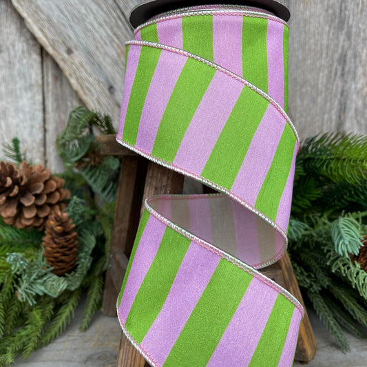 2.5" Pink Green Stripe Ribbon, Wired RIbbon, Pink Wired RIbbon