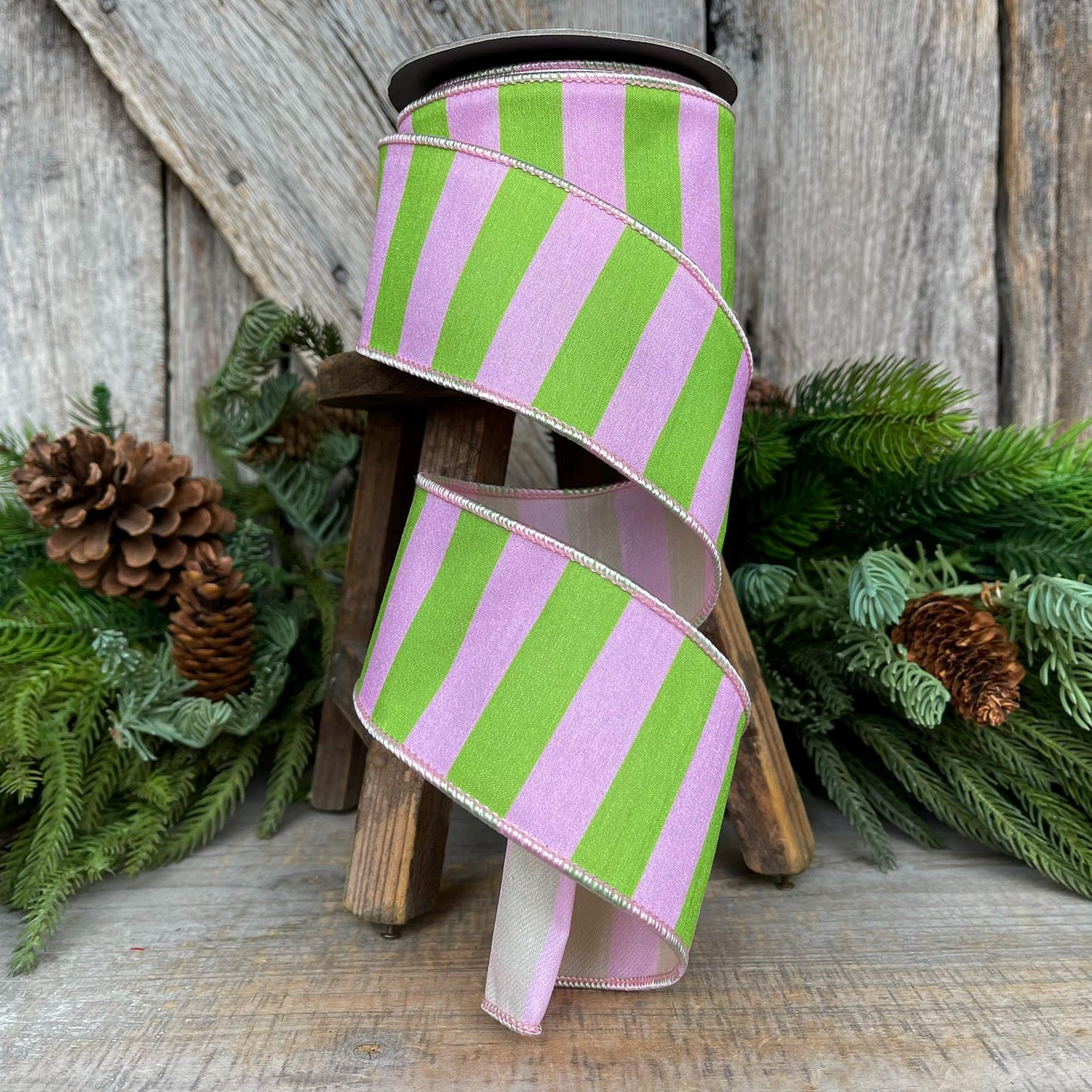 2.5" Pink Green Stripe Ribbon, Wired RIbbon, Pink Wired RIbbon