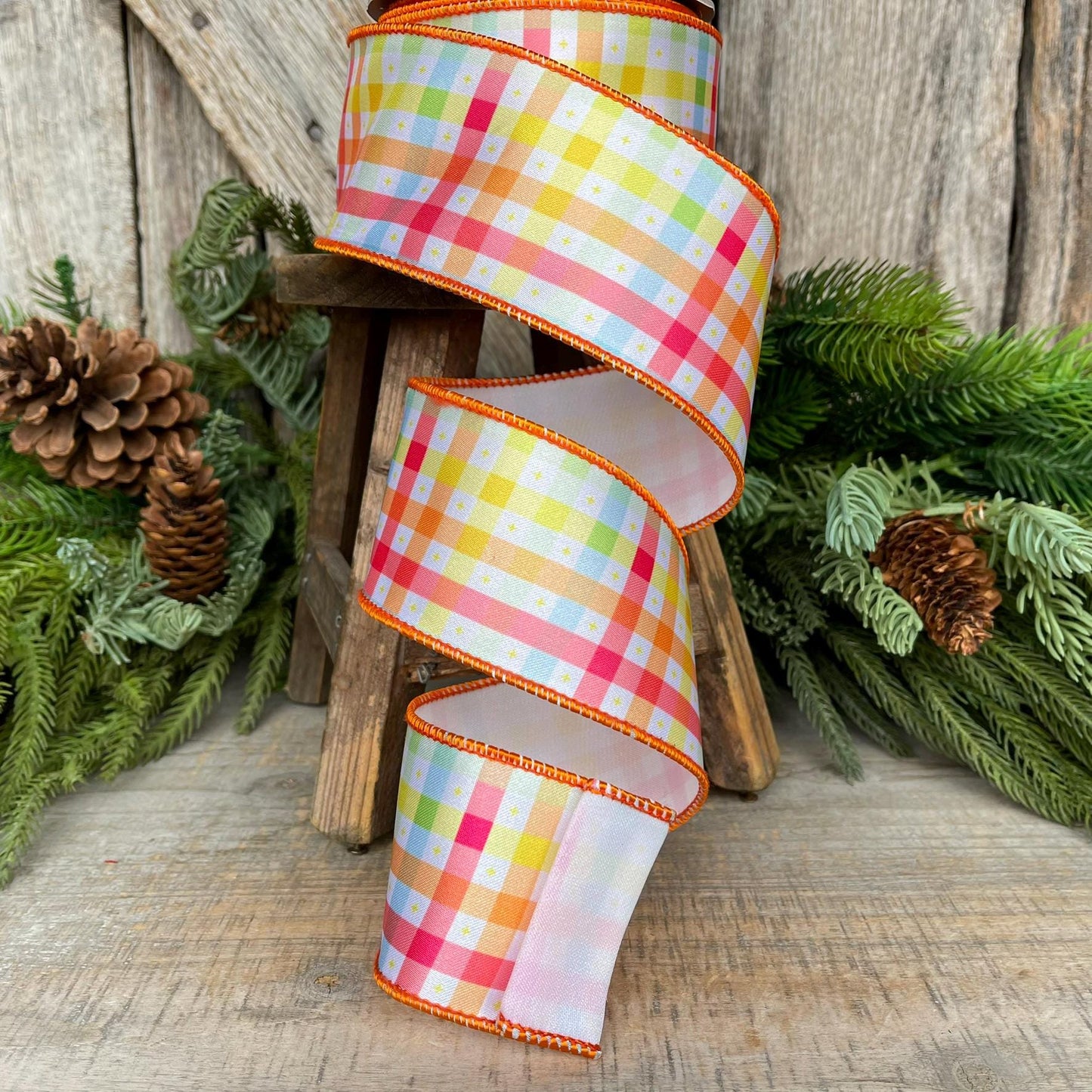 2.5" Pastel Check Plaid Ribbon, Designer Ribbon, Plaid Ribbon, Spring RIbbon, WreathSUpply, Craft supply, Ribbon for Bows, 94528W-767-40F