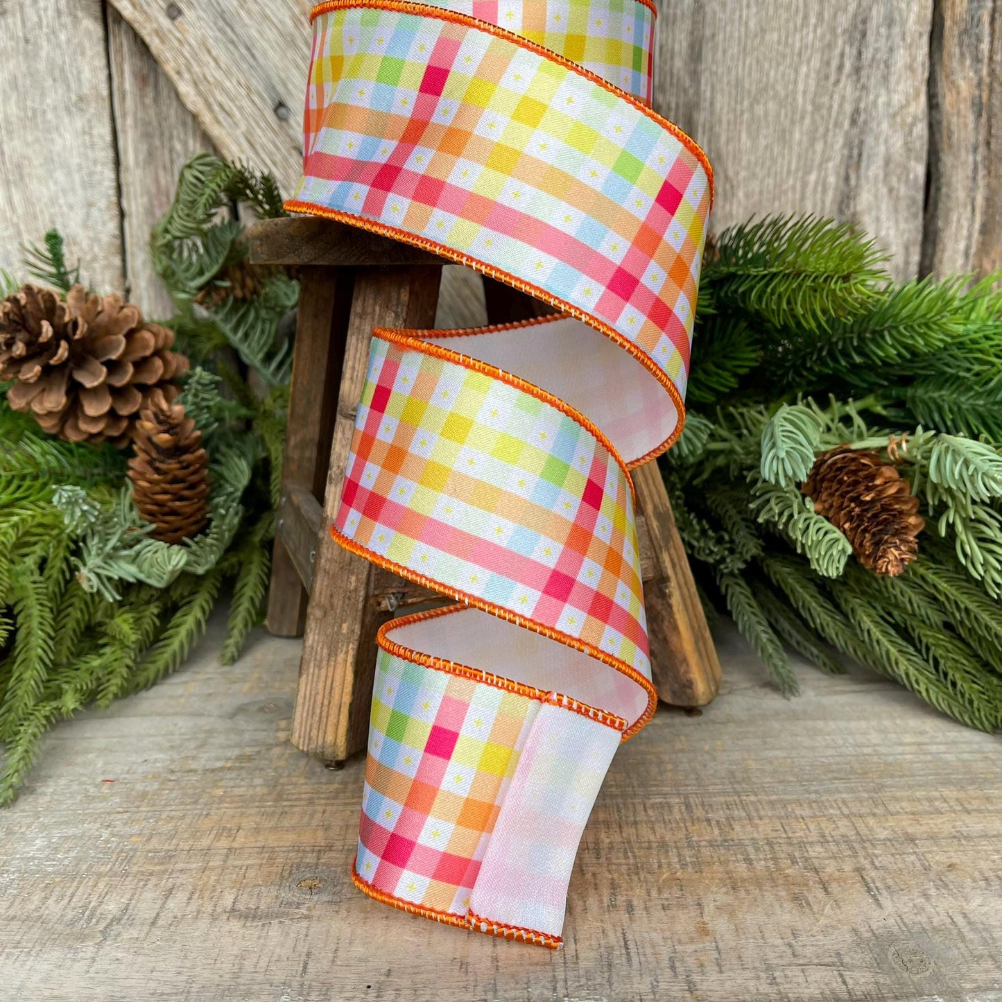 2.5" Pastel Check Plaid Ribbon, Designer Ribbon, Plaid Ribbon, Spring RIbbon, WreathSUpply, Craft supply, Ribbon for Bows, 94528W-767-40F