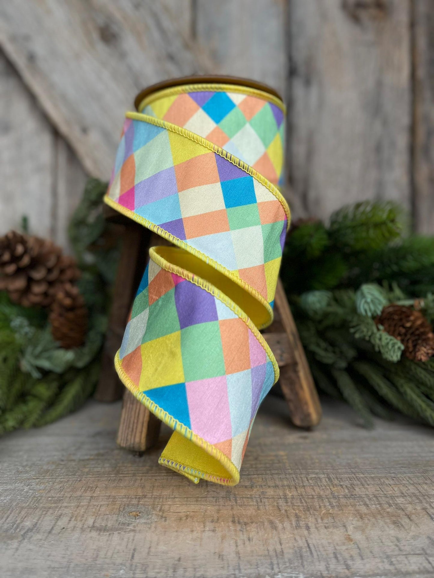 2.5" Yellow Pastel Plaid Ribbon, Easter Ribbon, Pastel Ribbon, Spring Ribbon, Deisgner Ribbon, Fused RIbbon, Summer Ribbon