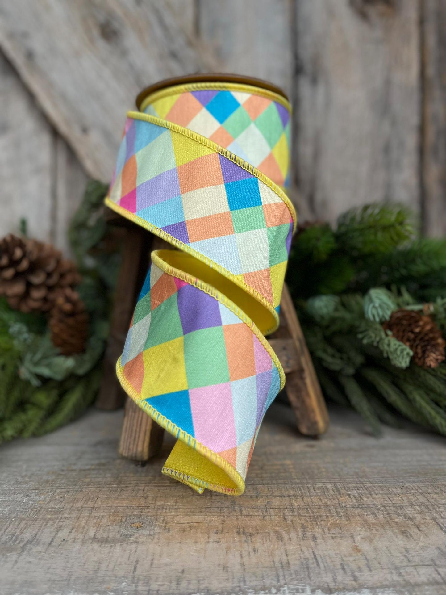 2.5" Yellow Pastel Plaid Ribbon, Easter Ribbon, Pastel Ribbon, Spring Ribbon, Deisgner Ribbon, Fused RIbbon, Summer Ribbon